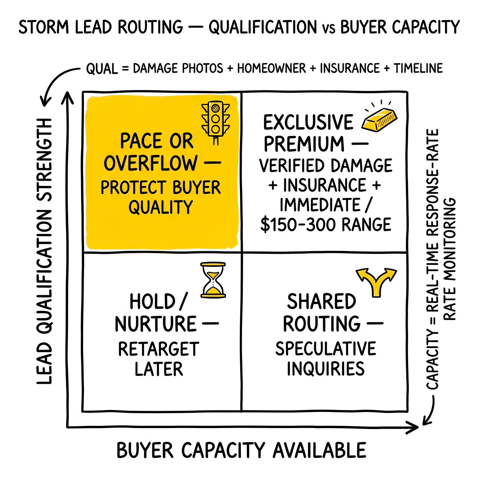Two-by-two storm lead routing matrix by qualification strength and buyer capacity: premium exclusive, pace/overflow, shared routing, hold/nurture. Pace-or-overflow quadrant highlighted as the buyer-relationship discipline.