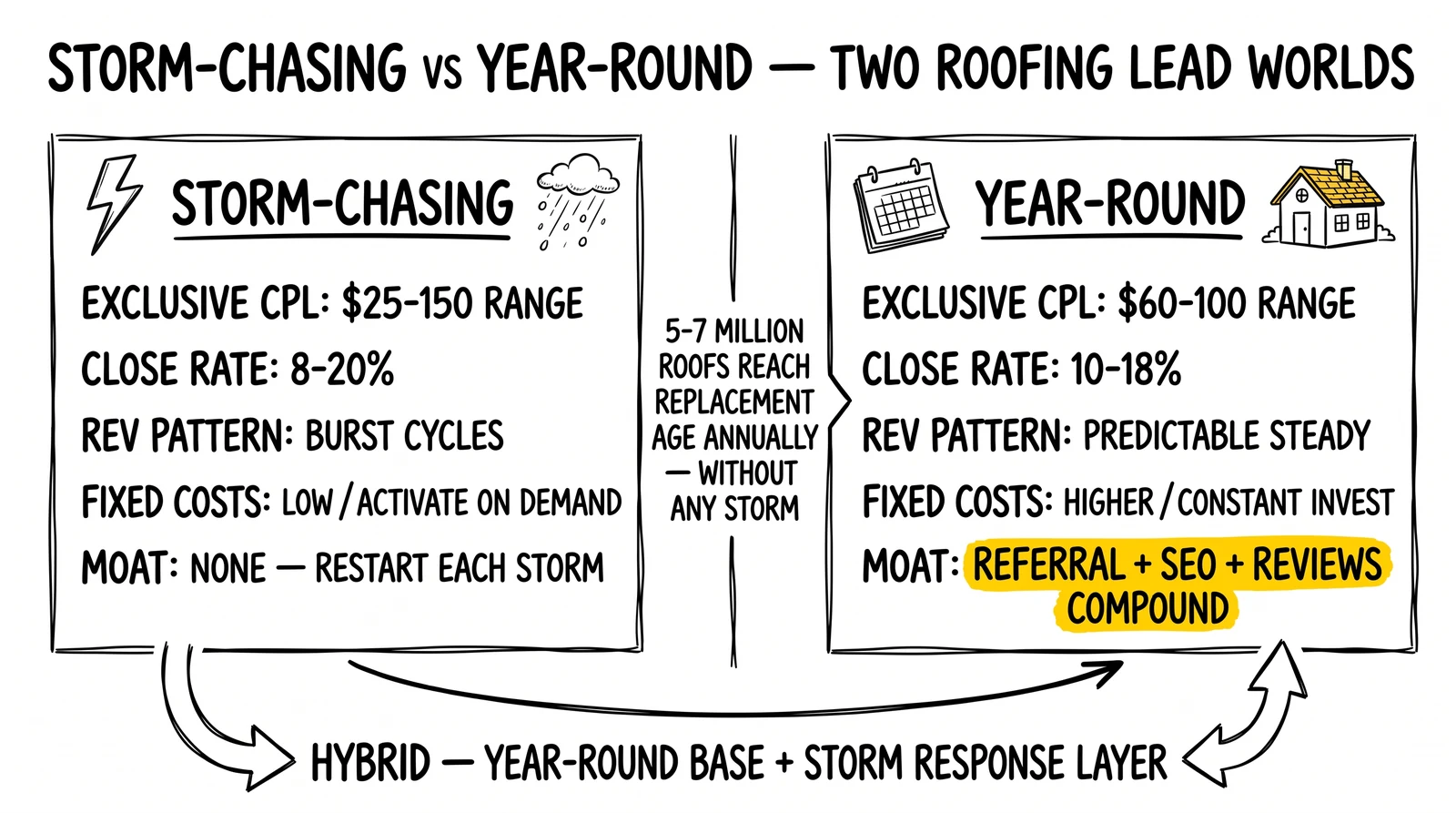 Two-panel comparison of storm-chasing vs year-round roofing models across CPL, close rate, revenue pattern, fixed costs, and moat. Year-round moat highlighted as the compounding advantage.