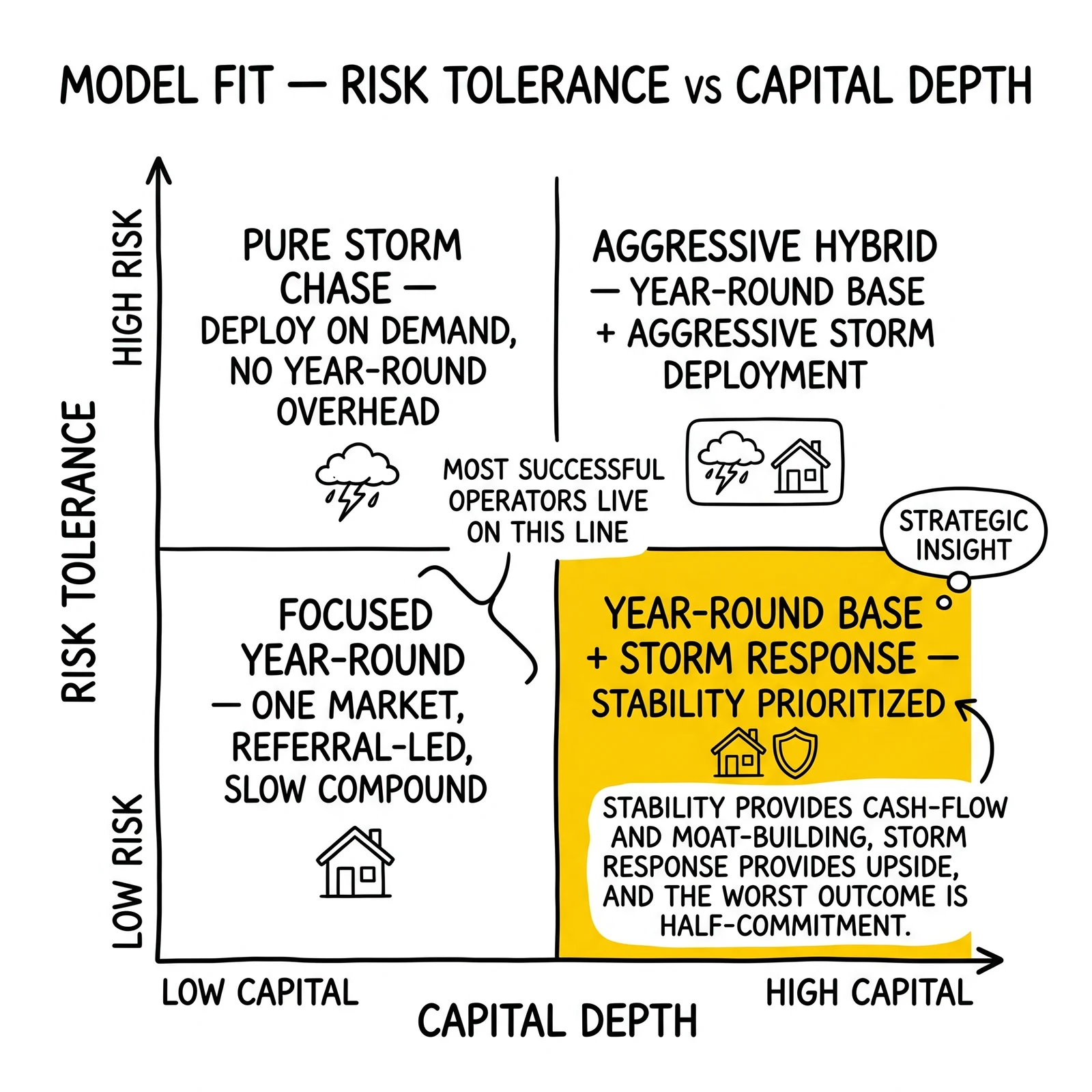 Two-by-two roofing model fit matrix by risk tolerance and capital depth: pure storm chase, aggressive hybrid, focused year-round, year-round base plus storm response. Year-round-base-plus-storm-response highlighted as the convergence point.