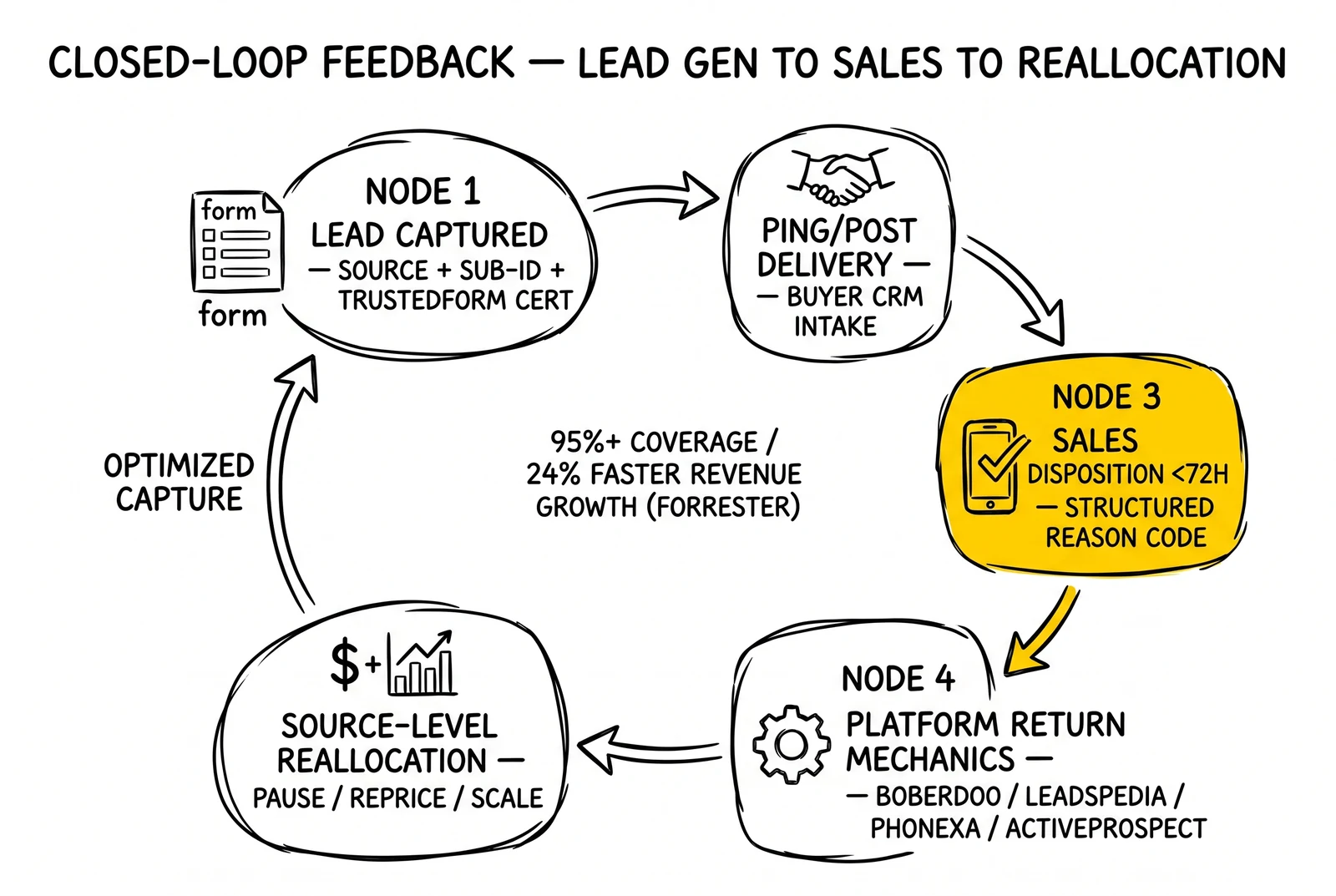 Five-node closed-loop feedback cycle: capture, delivery, disposition, return mechanics, reallocation. Sales disposition under 72 hours highlighted as the load-bearing coverage step.