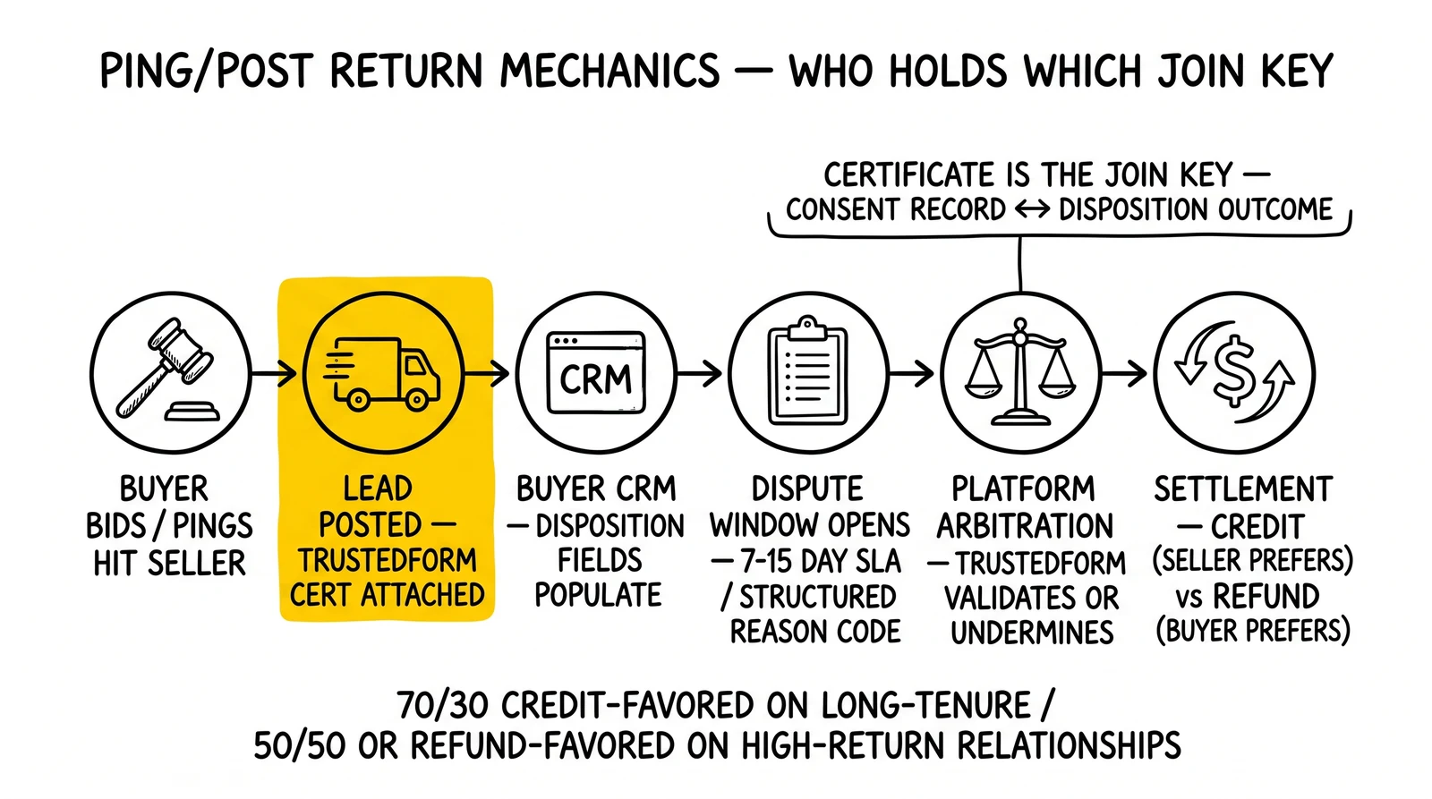 Six-node ping/post return mechanics flow: bid, post, CRM disposition, dispute window, platform arbitration, settlement. Platform arbitration with TrustedForm validation highlighted as the dispute-deciding join key.