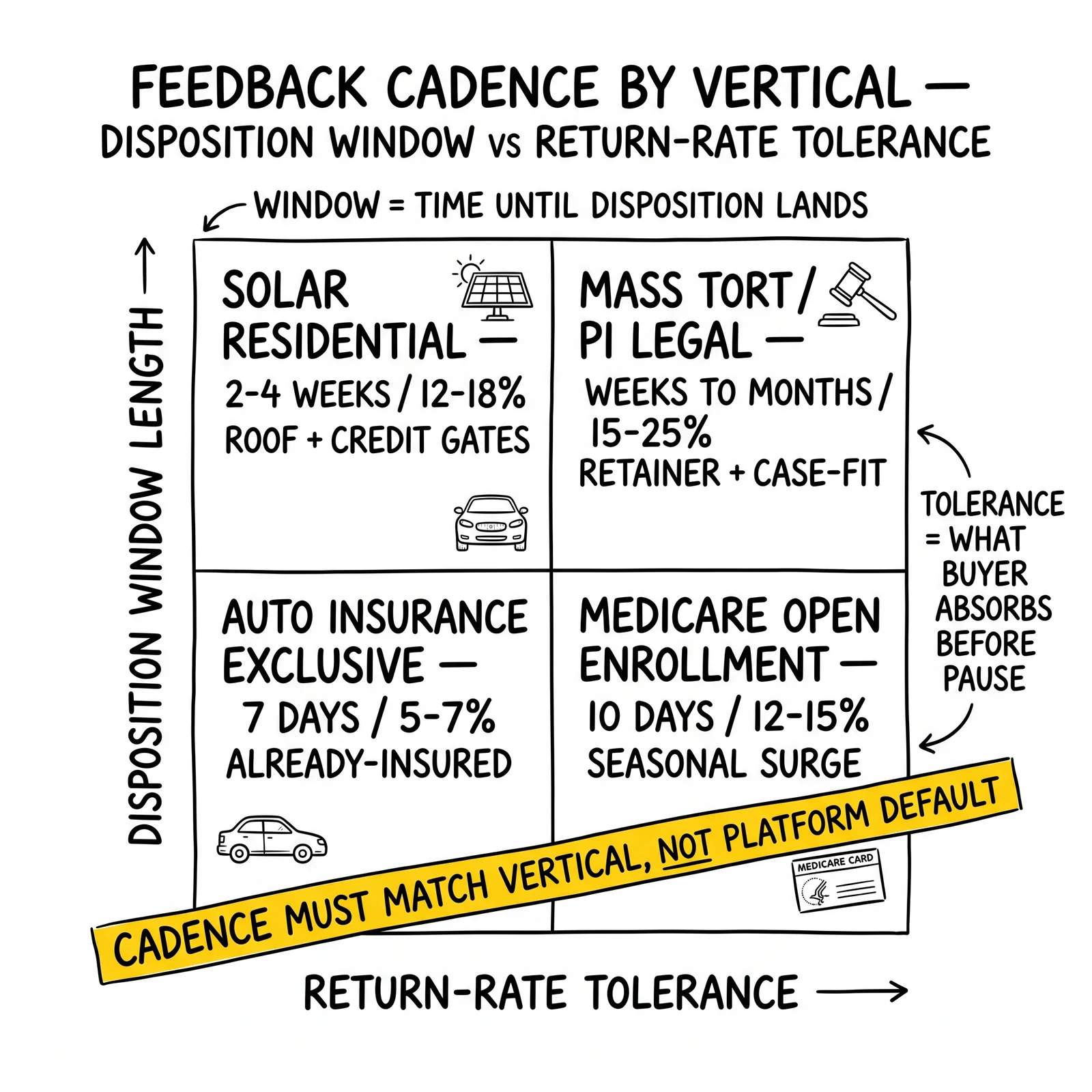 Two-by-two feedback cadence matrix by vertical: solar 2-4 weeks/12-18%, legal weeks-months/15-25%, auto exclusive 7 days/5-7%, Medicare 10 days/12-15%. Cadence-must-match-vertical banner highlighted as the discipline.