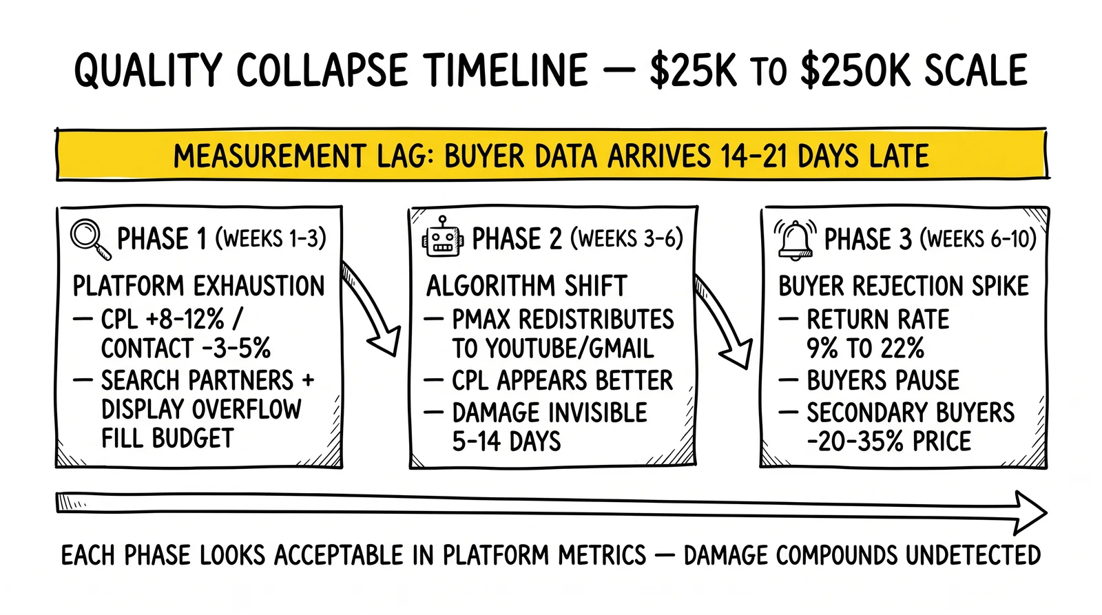 Three-phase quality collapse timeline: platform exhaustion weeks 1-3, algorithm shift weeks 3-6, buyer rejection spike weeks 6-10. Measurement lag banner highlighted as the fundamental enemy.