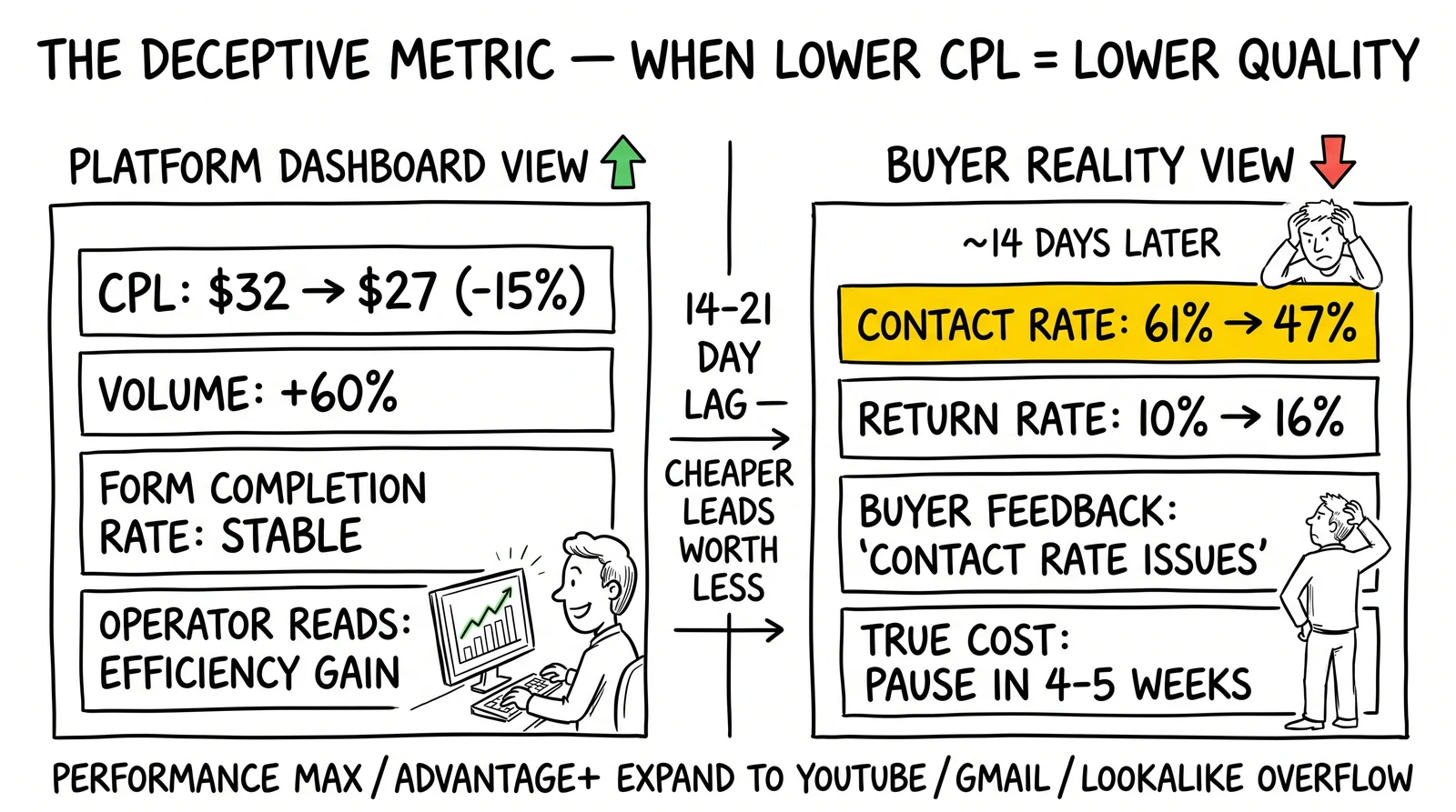 Two-panel dashboard vs buyer reality comparison: platform shows lower CPL and higher volume, buyer reality shows contact rate collapse and return rate climb. Contact rate decline highlighted as the canary metric.
