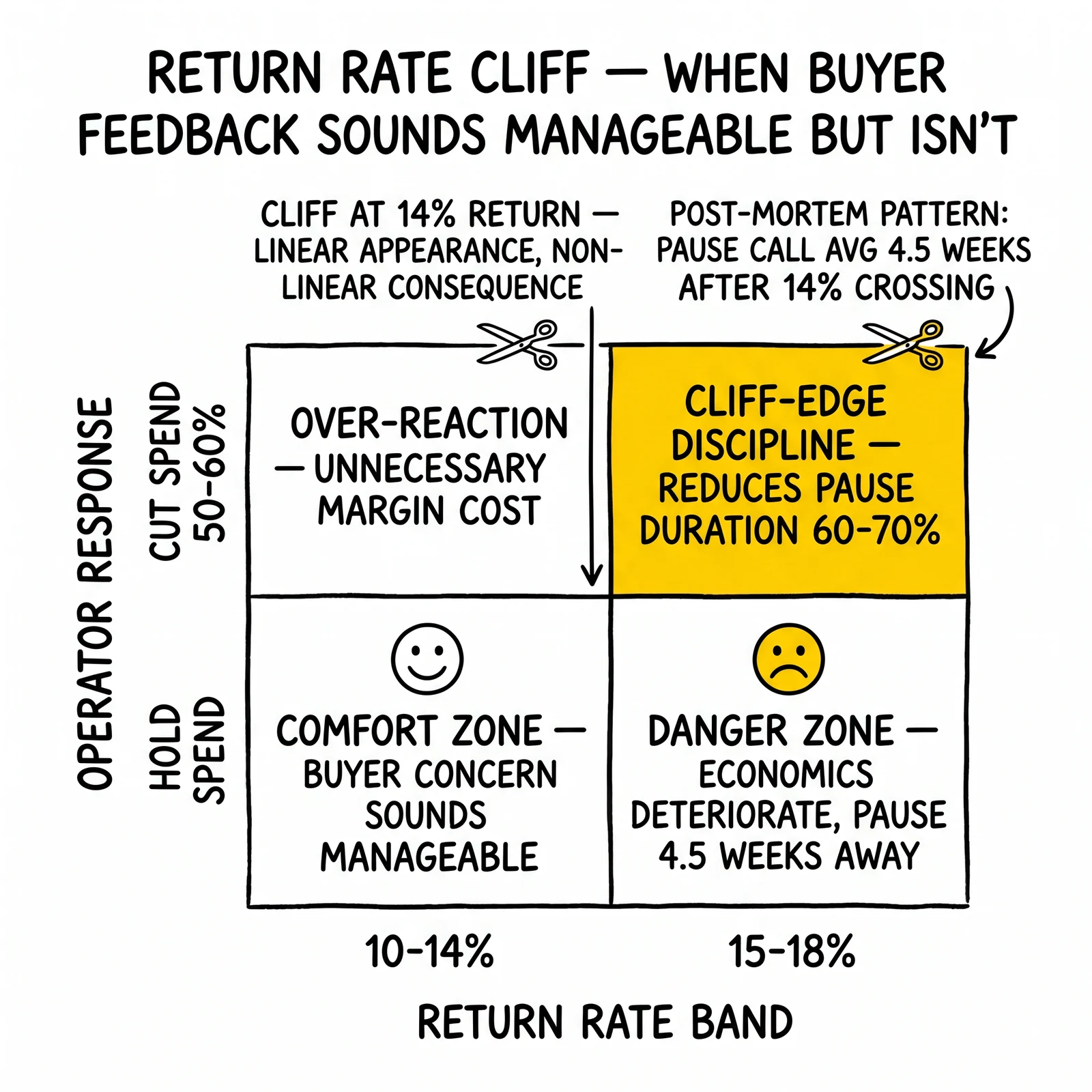 Two-by-two return rate cliff matrix by return-rate band and operator response: comfort zone, danger zone, over-reaction, cliff-edge discipline. Cliff-edge discipline highlighted as the pause-shortening behavior.