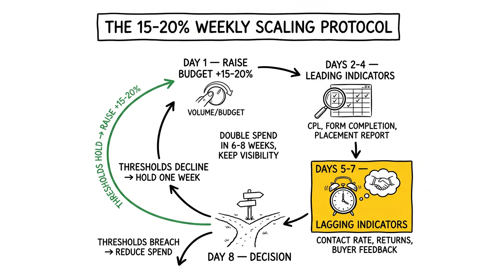 Weekly scaling protocol cycle: raise budget, monitor leading indicators, evaluate lagging indicators, decide. Lagging-indicator phase highlighted as the decision data.