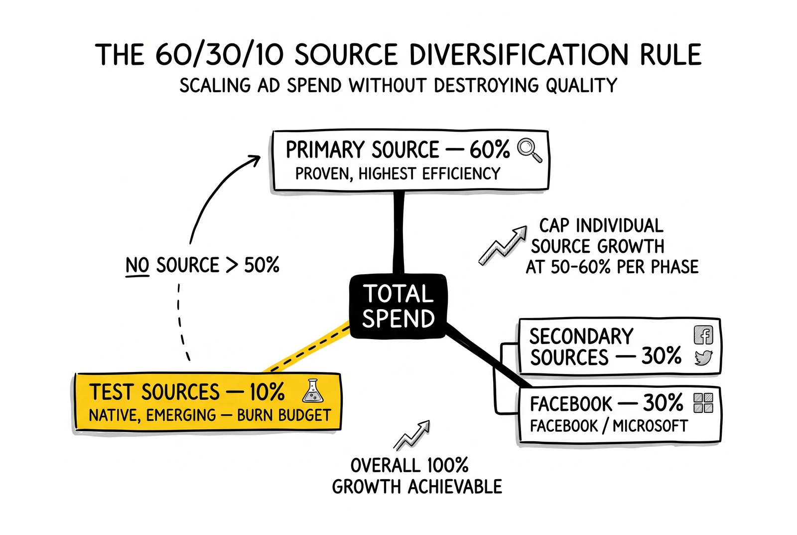 Three-tier 60/30/10 source diversification: primary 60%, secondary 30%, test 10%. Test allocation highlighted as the insurance layer against primary-source decay.