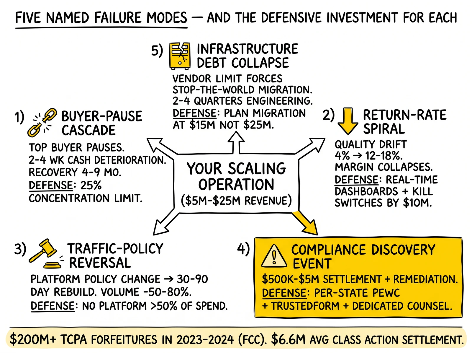 Anatomy diagram of five named scaling failure modes radiating from a $5M-$25M operation with quantified defenses for each. Compliance discovery event highlighted as the highest-dollar exposure with the cheapest defense.
