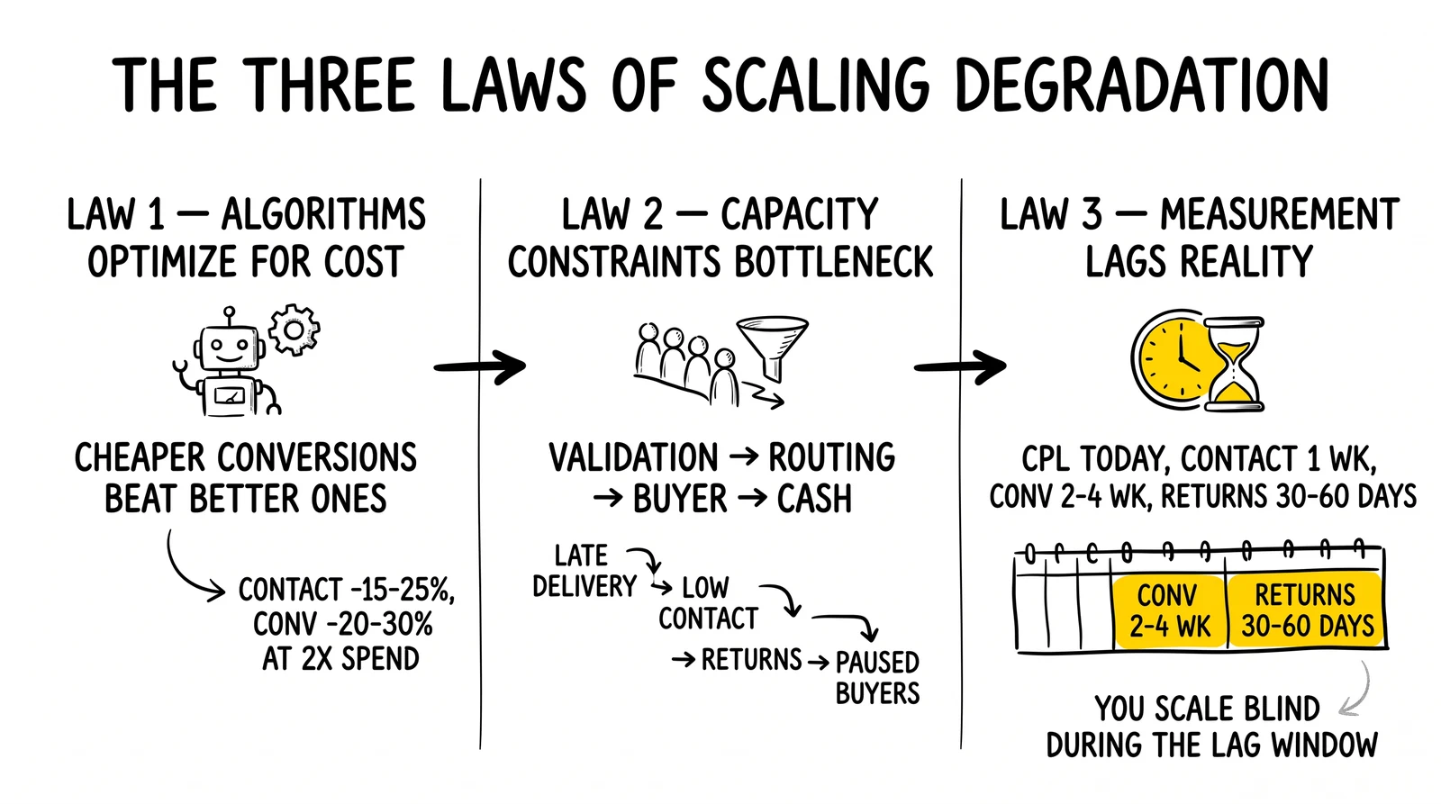 Three laws of scaling degradation: cost-optimizing algorithms, capacity bottlenecks, measurement lag. Measurement lag highlighted as the most dangerous of the three.