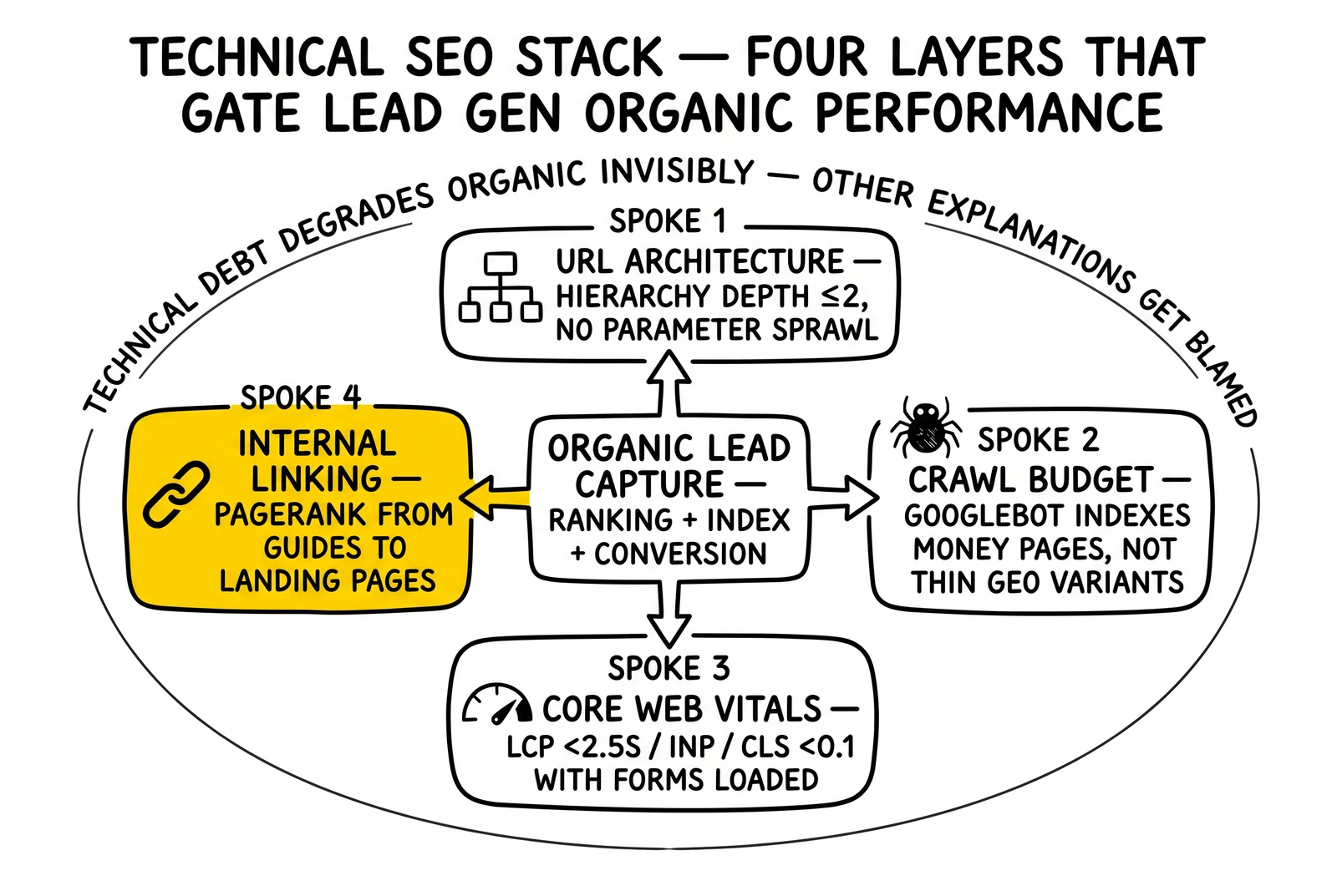 Hub-and-spoke technical SEO stack: URL architecture, crawl budget, Core Web Vitals, internal linking around organic lead capture. Internal linking spoke highlighted as the PageRank-routing layer.