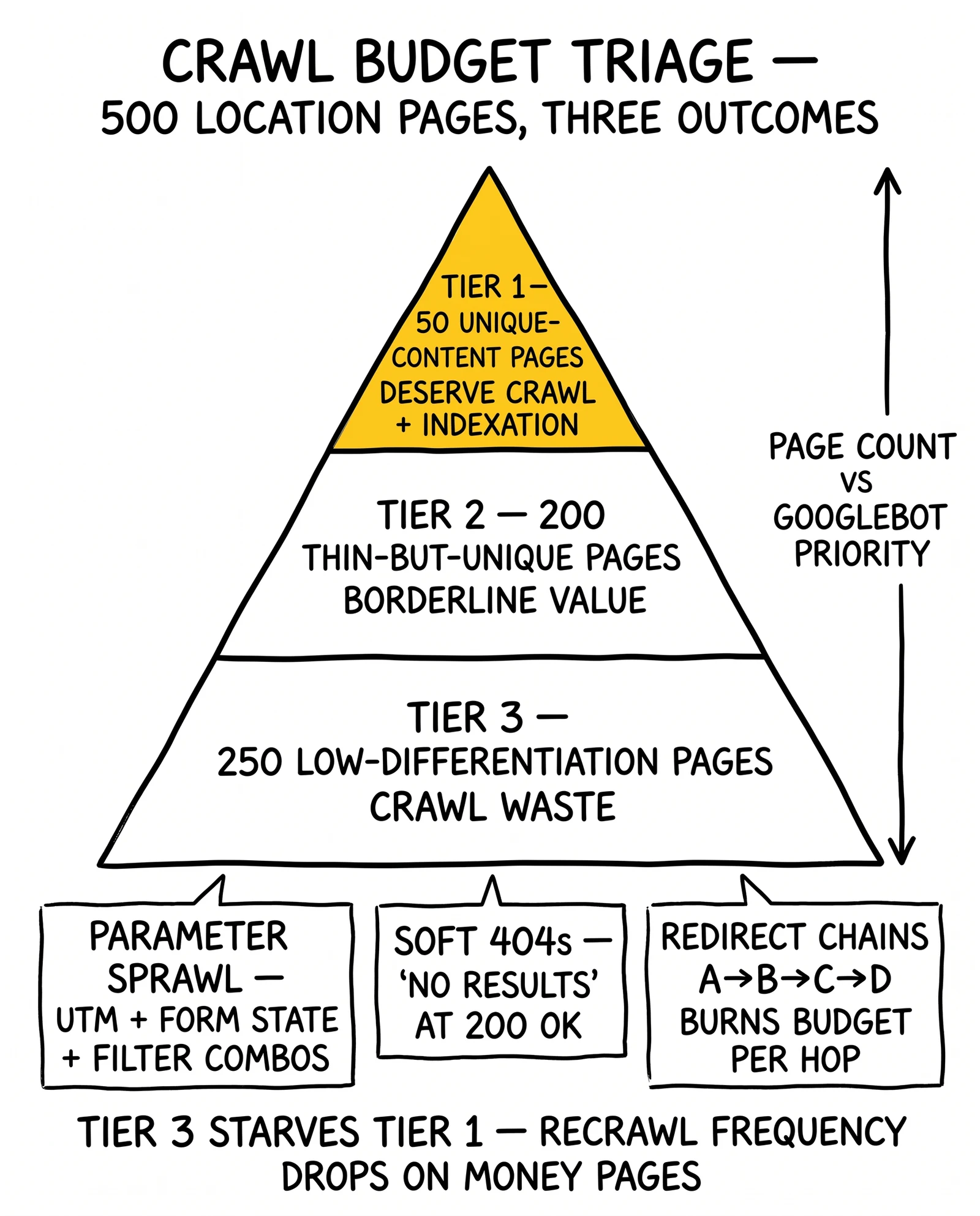 Three-tier crawl budget triage pyramid: 50 unique-content pages, 200 thin pages, 250 low-differentiation pages. Tier 1 money pages highlighted as the recrawl-concentration target.