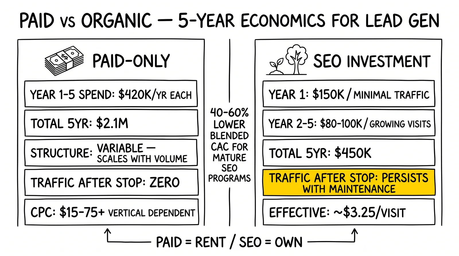 Two-panel 5-year economics comparison: paid-only $2.1M with traffic ending at stop, SEO investment $450K with traffic persisting. Traffic-persists stat highlighted as the compounding advantage.