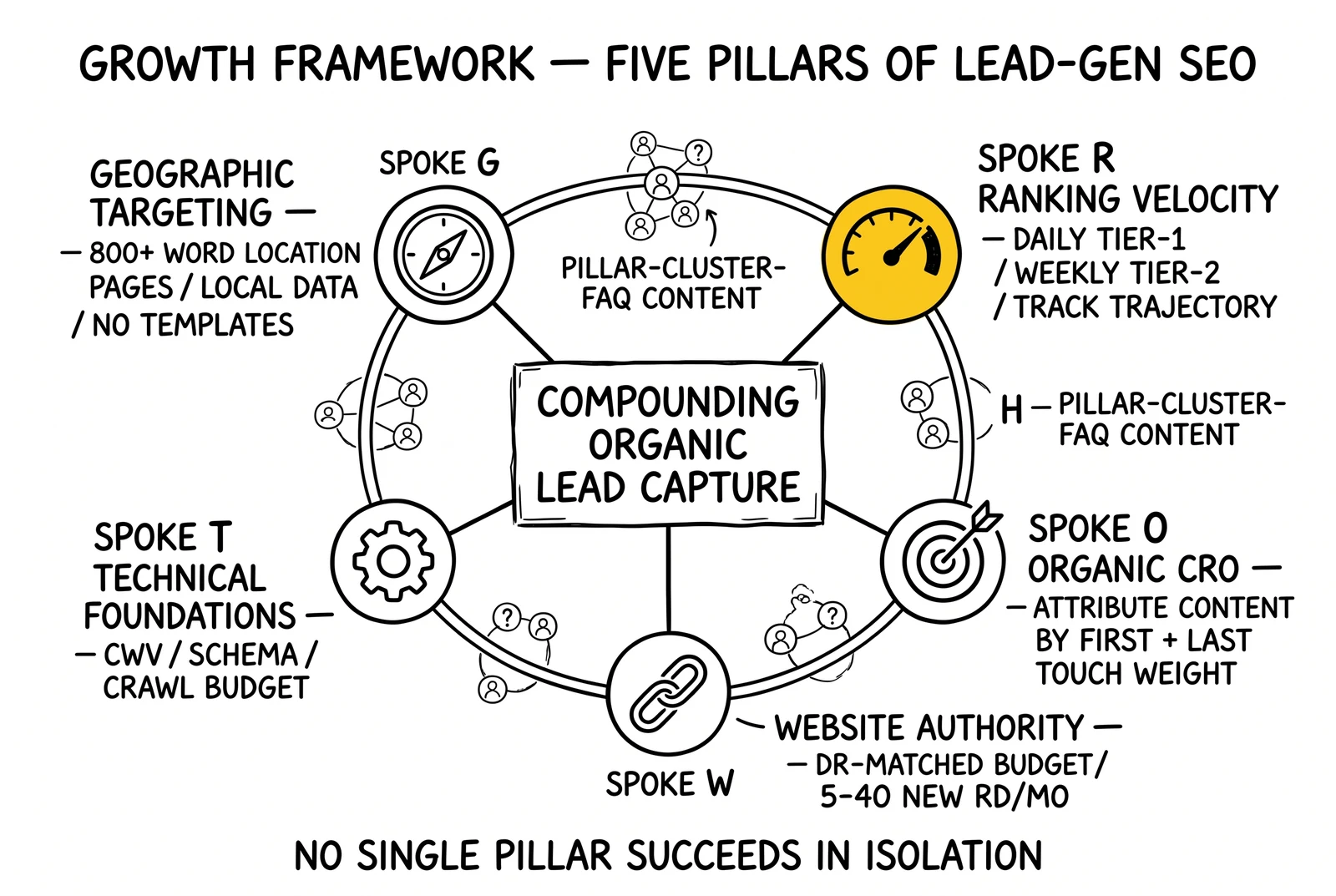 Hub-and-spoke GROWTH framework: geographic, ranking velocity, organic CRO, website authority, technical, holistic ecosystem. Ranking velocity spoke highlighted as the leading indicator.