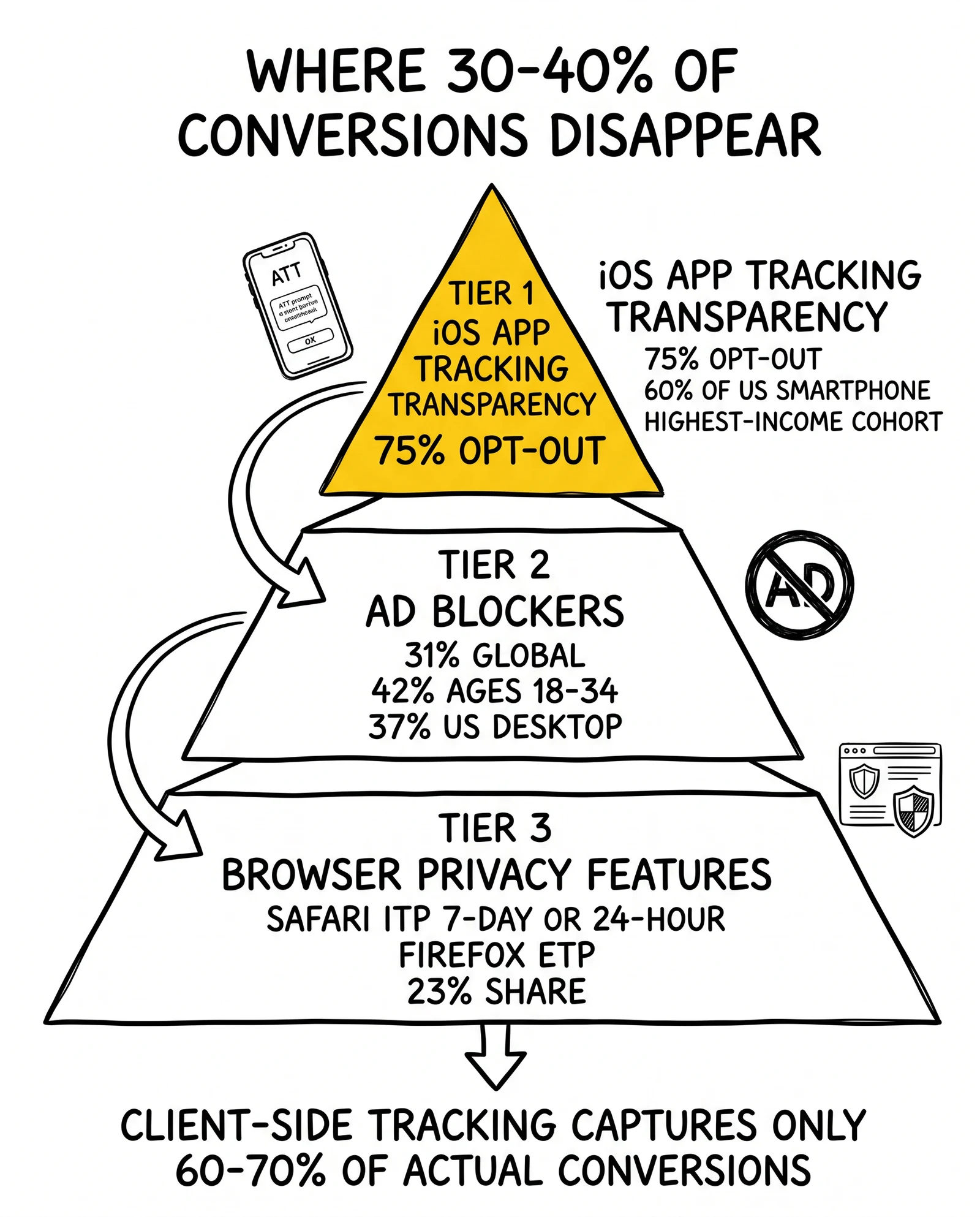 Three-tier signal-loss pyramid: iOS ATT, ad blockers, browser privacy features. iOS ATT highlighted as the demographic-skewed top loss.