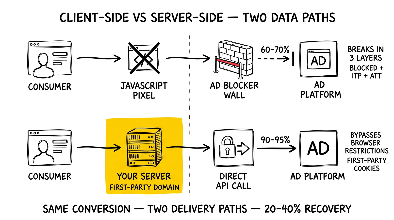 Two-row flow comparison: client-side pixel blocked by ad blocker versus server-side direct API call from your domain. Your-server node highlighted as the architectural bypass.