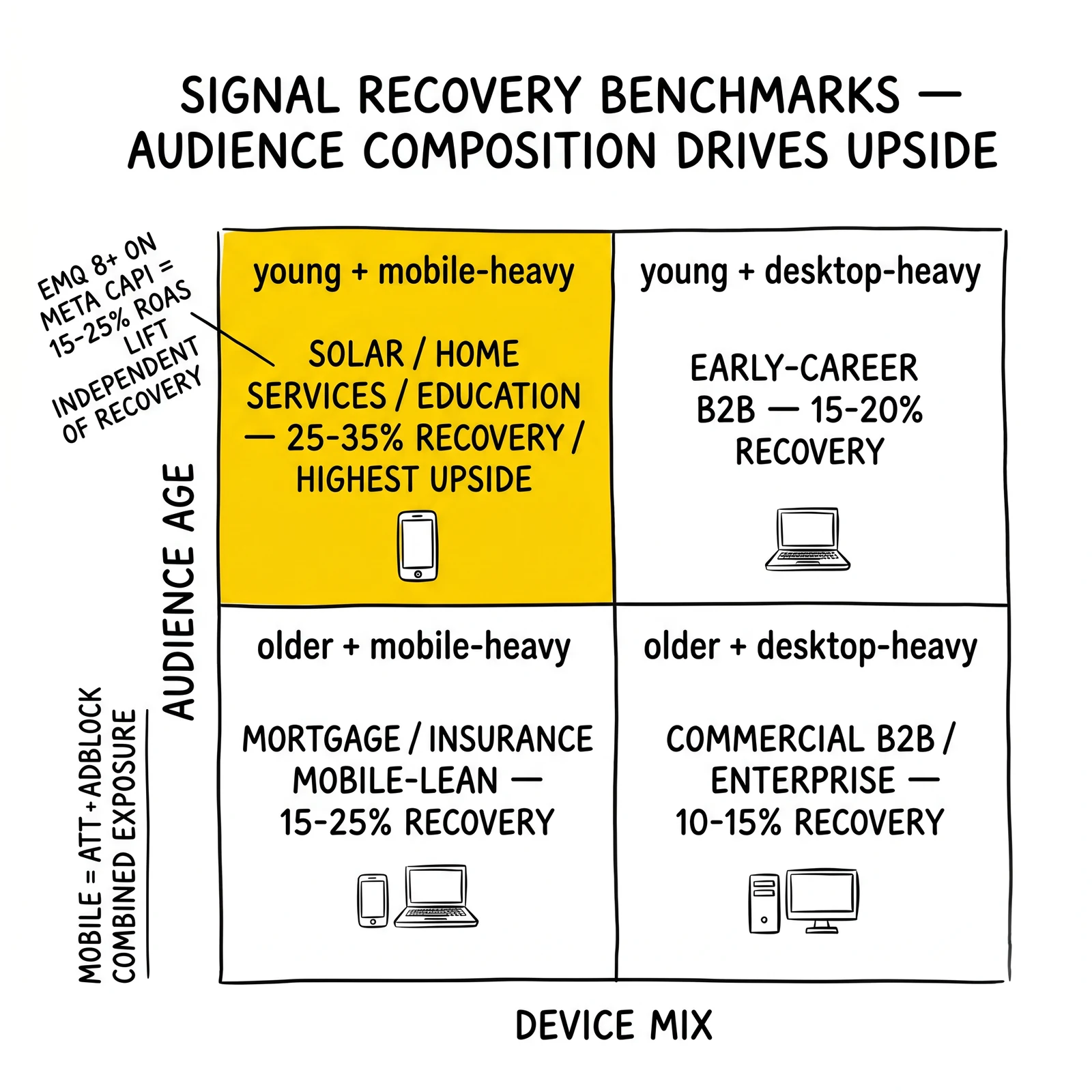 Two-by-two server-side recovery benchmark matrix by audience age and device mix: solar/home/education 25-35%, B2B 15-20%, mobile insurance 15-25%, enterprise 10-15%. Young+mobile-heavy quadrant highlighted.