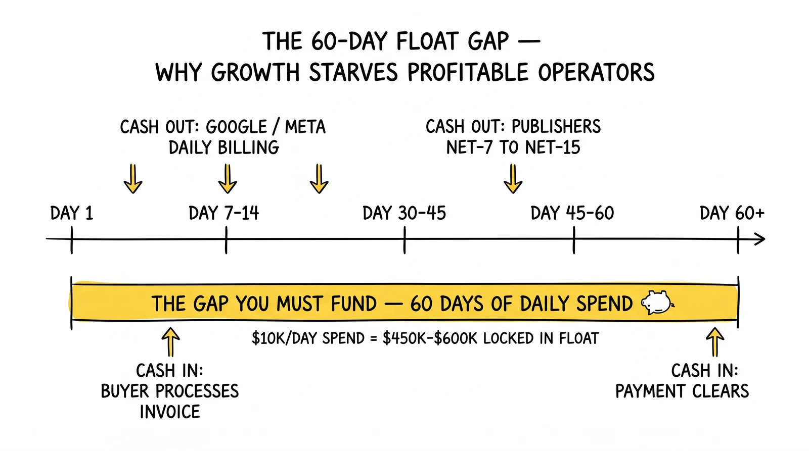 Sixty-day float timeline showing immediate ad-platform billing versus net-30-to-45 buyer collection, with the cash-locked gap highlighted as the funding requirement.