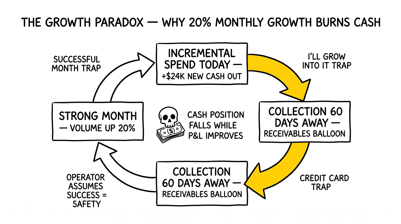 Three-stage growth paradox loop: stronger month, larger spend today, collection sixty days out. The funding-lag arrow is highlighted as the cash trap.