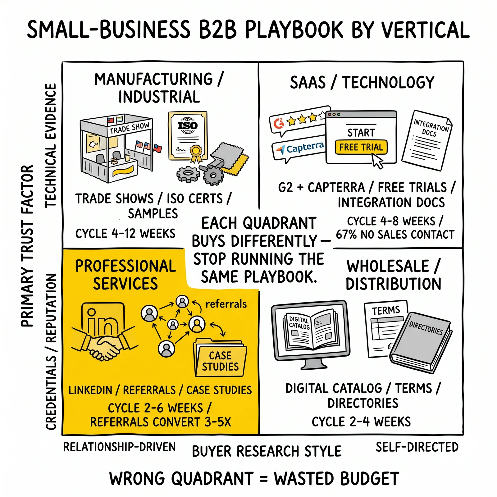 Two-by-two matrix mapping manufacturing, SaaS, professional services, and wholesale by buyer research style and trust factor
