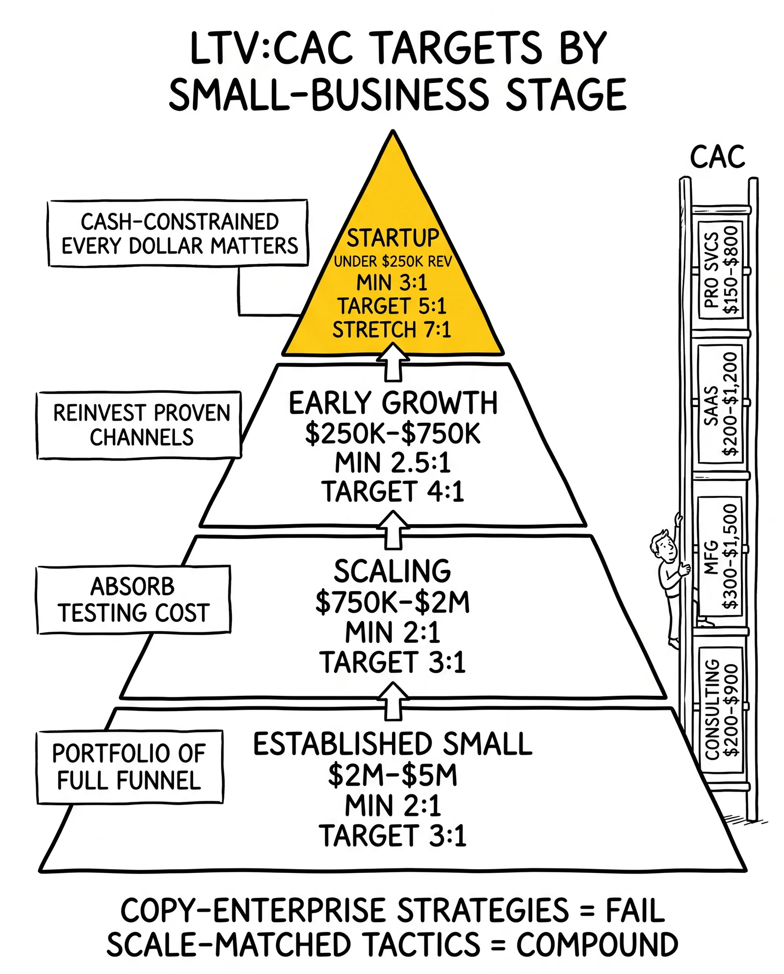 Pyramid of LTV-to-CAC targets by small-business stage from startup 3:1 minimum to established 2:1, with vertical-specific CAC ranges