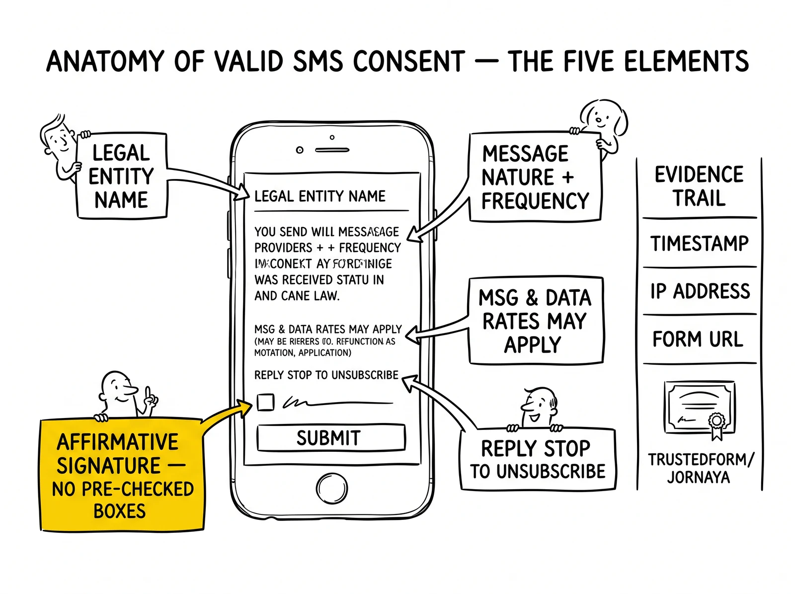 SMS consent form anatomy with five labeled elements: entity, message nature, rates, opt-out, affirmative signature. Affirmative signature highlighted as the most-litigated failure mode.