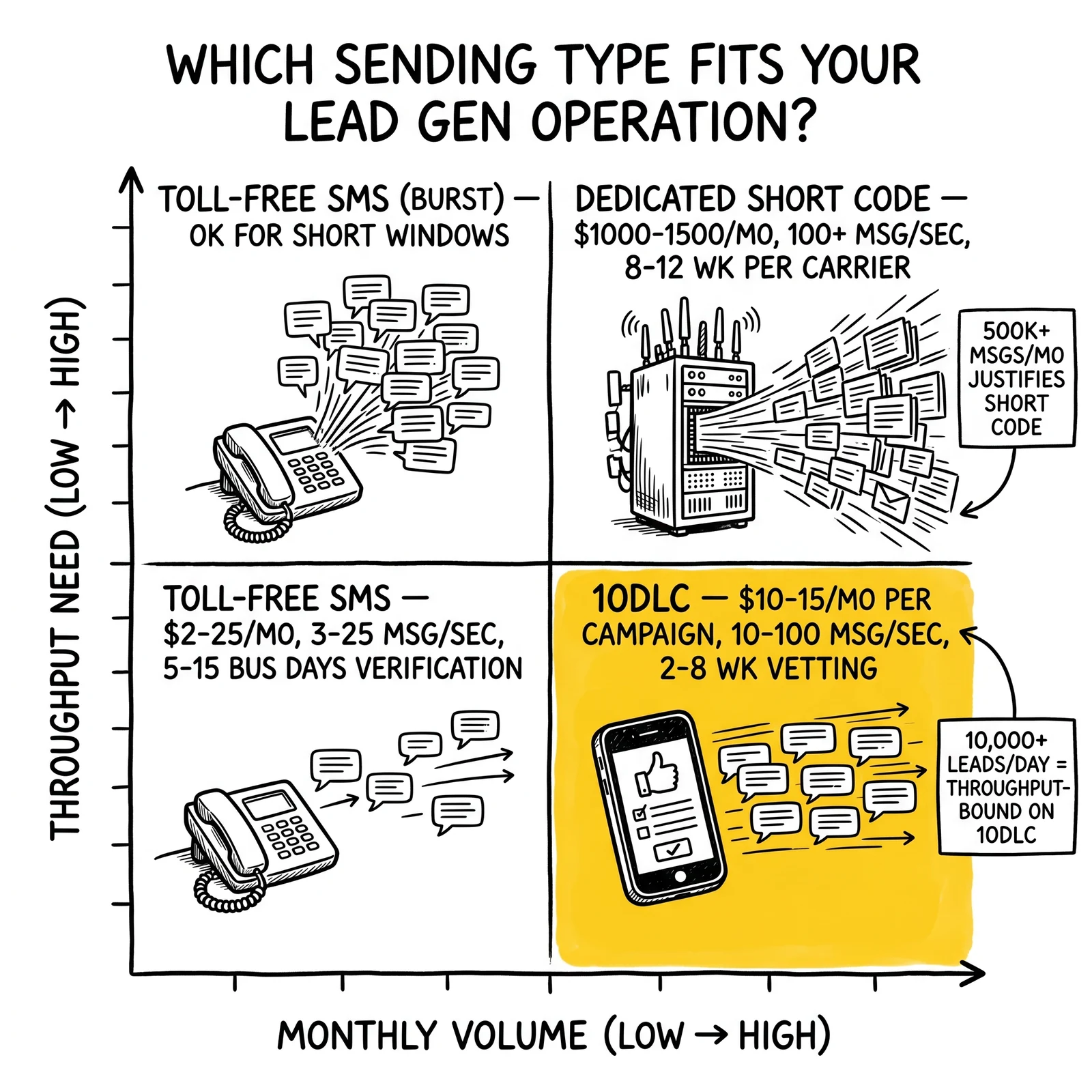 Two-by-two SMS sending-type matrix by volume and throughput: toll-free, 10DLC, short code. 10DLC highlighted as the lead-gen default.