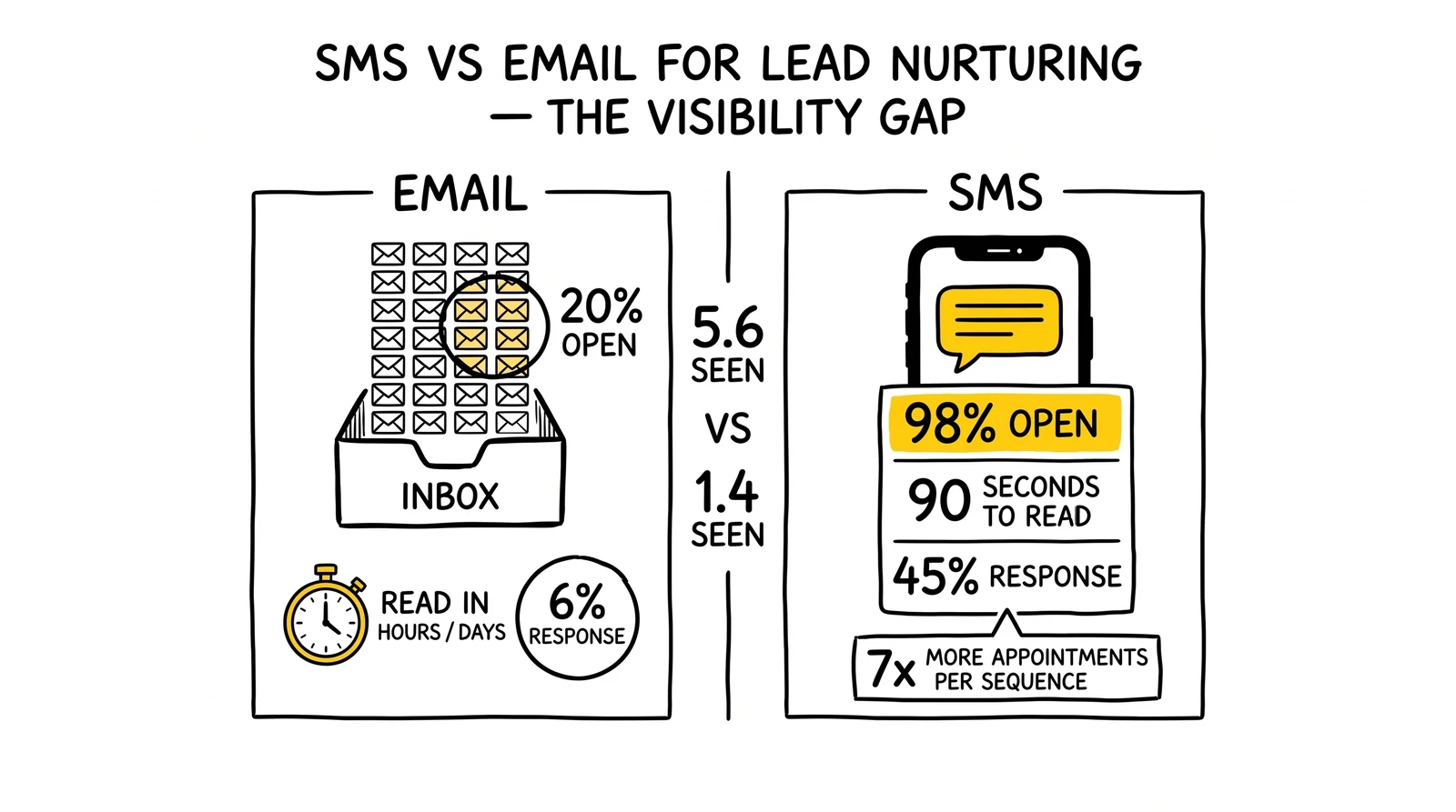 SMS vs email engagement comparison: 98% open rate, 90-second read time, 45% response on SMS versus 20%, hours, 6% on email.