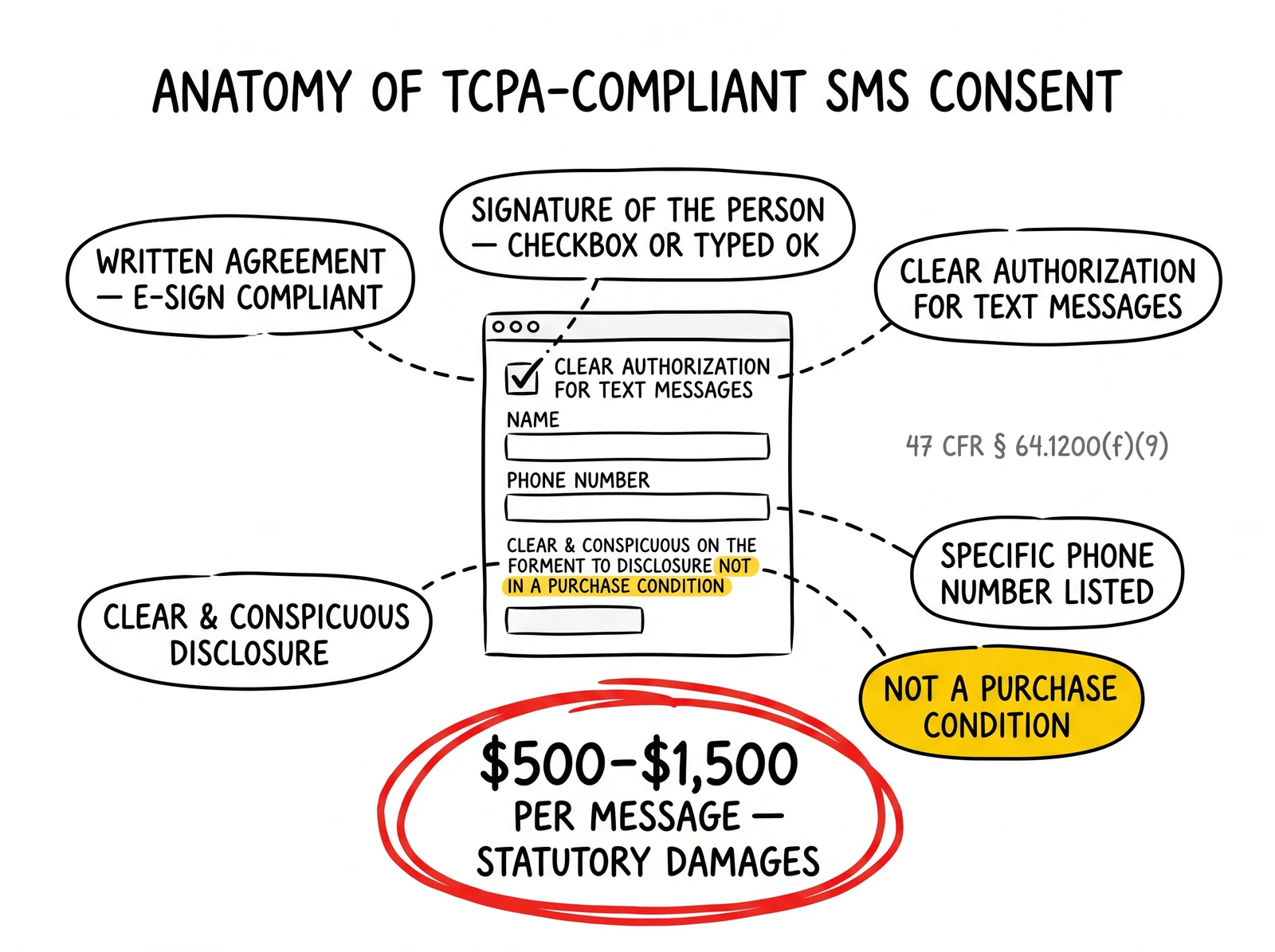Anatomy of compliant SMS consent form: six required elements per 47 CFR 64.1200(f)(9). Not-a-purchase-condition element highlighted as the litigation flashpoint.