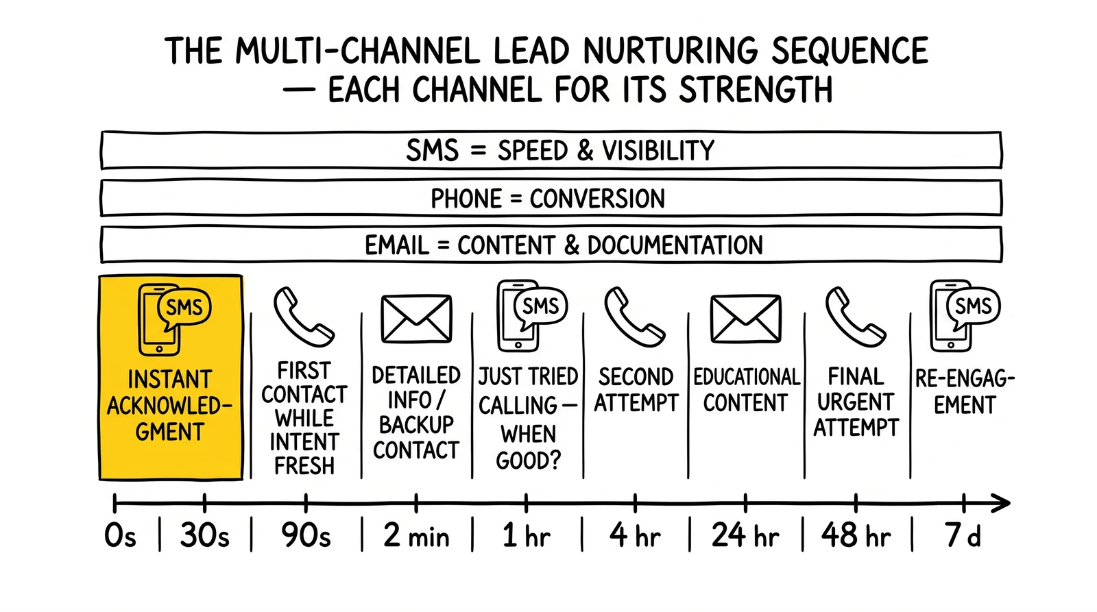 Multi-channel lead nurturing sequence over 7 days alternating SMS, phone, email. The 0-30 second SMS acknowledgment highlighted as the highest-value touchpoint.