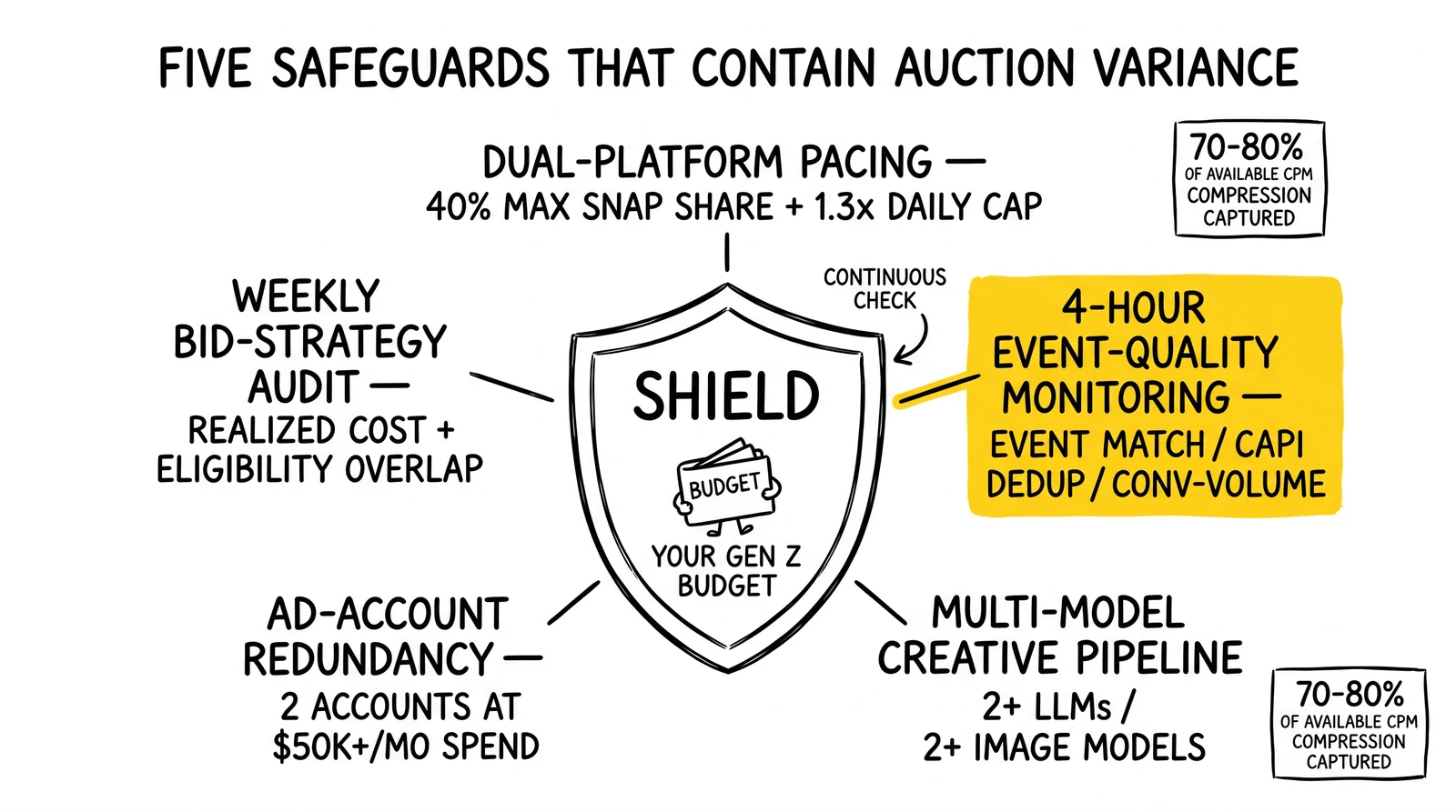 Five-safeguard shield around Gen Z Snap budget: dual-platform pacing, event-quality monitoring, multi-model creative, account redundancy, bid-strategy audit. Monitoring module highlighted.