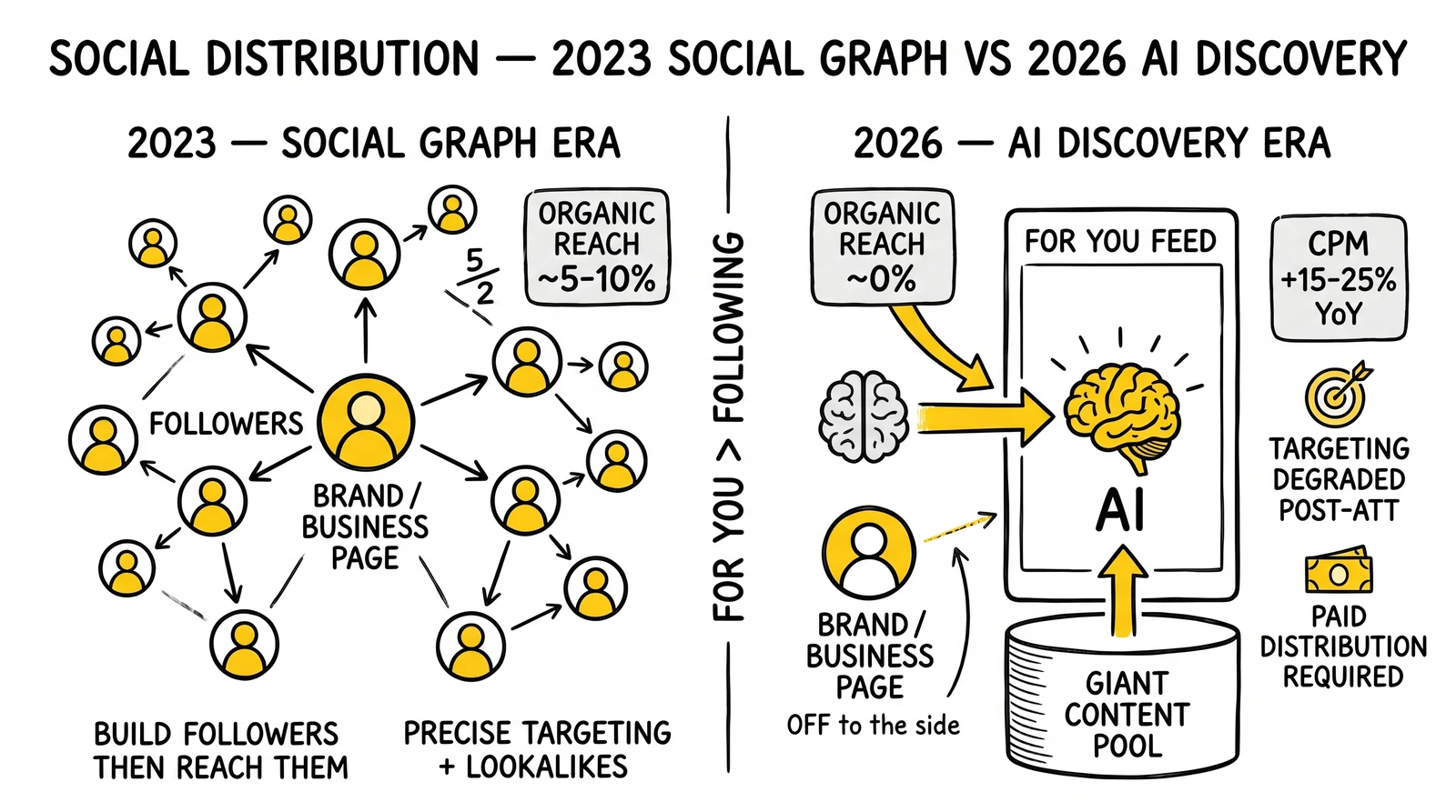 Social distribution comparison: 2023 social-graph era versus 2026 AI-discovery era. Near-zero organic reach for business pages highlighted as the structural shift.