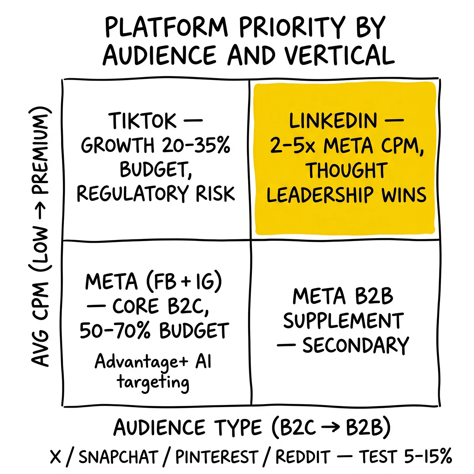 Two-by-two platform priority matrix by audience and CPM: Meta, TikTok, LinkedIn, supplemental Meta-B2B. LinkedIn quadrant highlighted as the only justified premium CPM.
