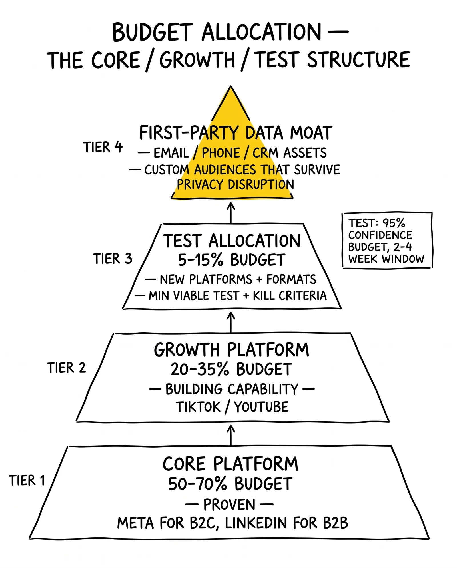 Four-tier social budget pyramid: core platform, growth platform, test allocation, first-party data moat. Top tier highlighted as the sustainable advantage layer.