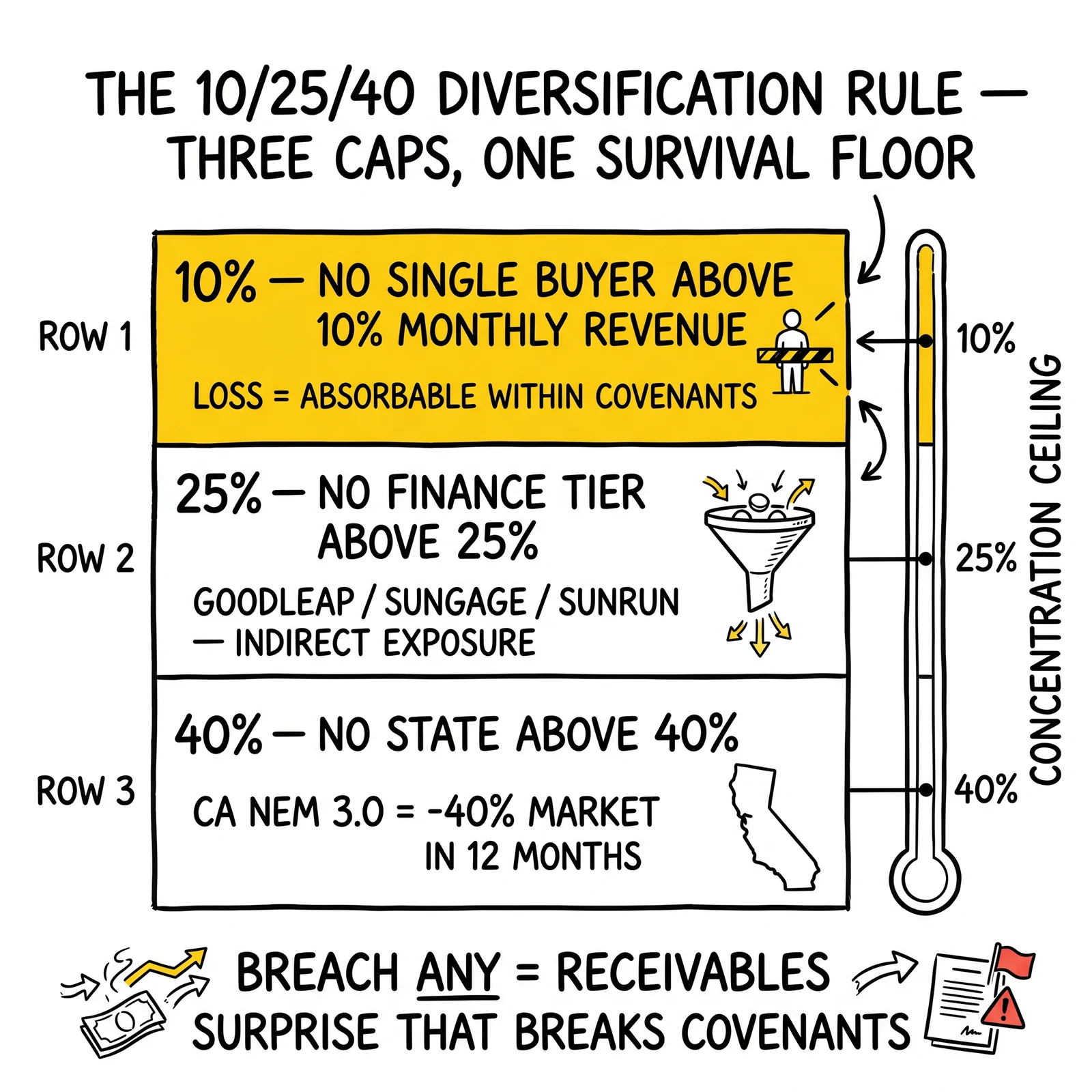 Three-row matrix of the 10/25/40 diversification rule: 10% single buyer, 25% finance tier, 40% single state, with single-buyer cap as the binding constraint.