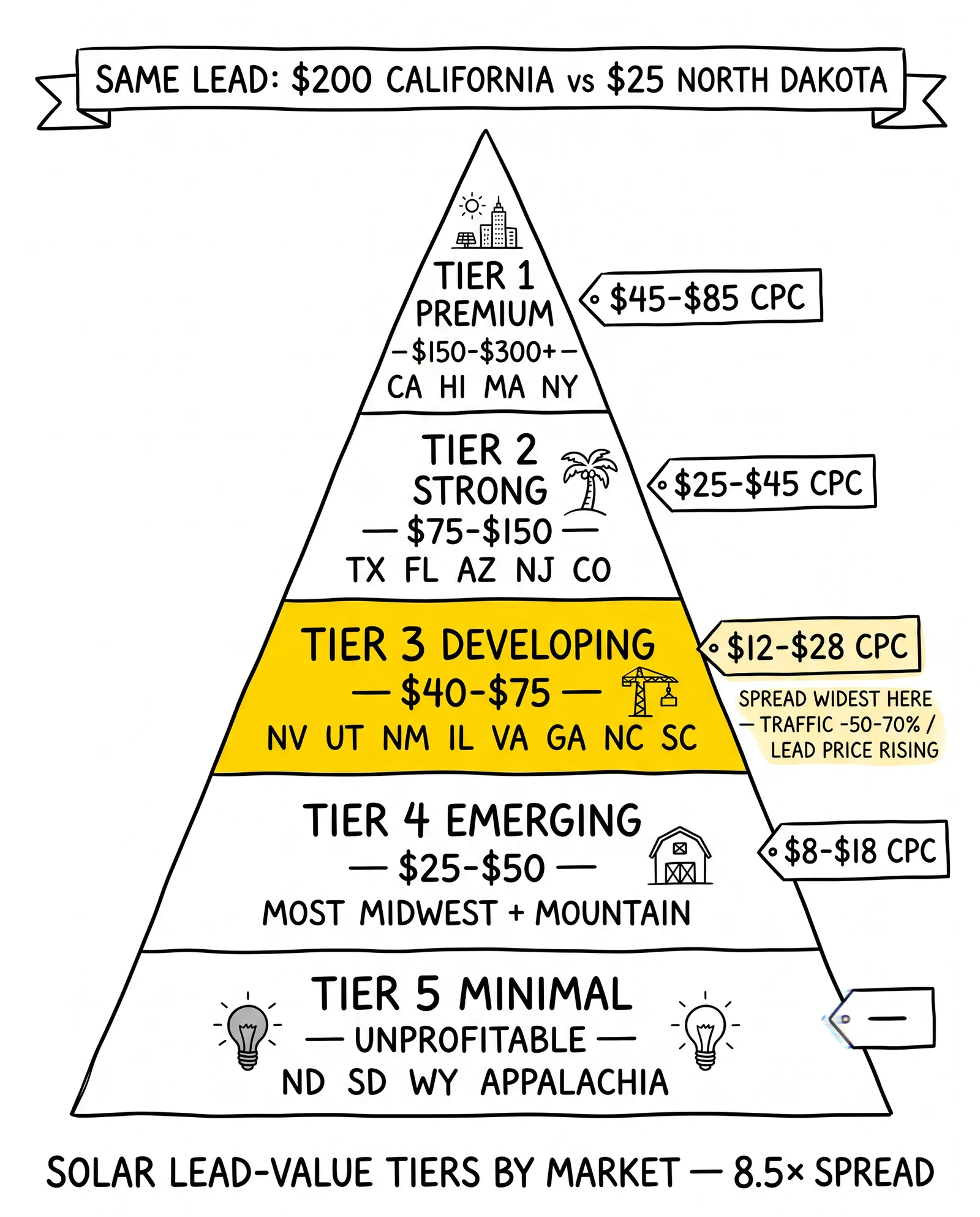 Five-tier solar lead value pyramid from premium $150-$300+ markets down to unprofitable Tier 5, with Tier 3 developing markets highlighted as the widest-spread arbitrage zone.