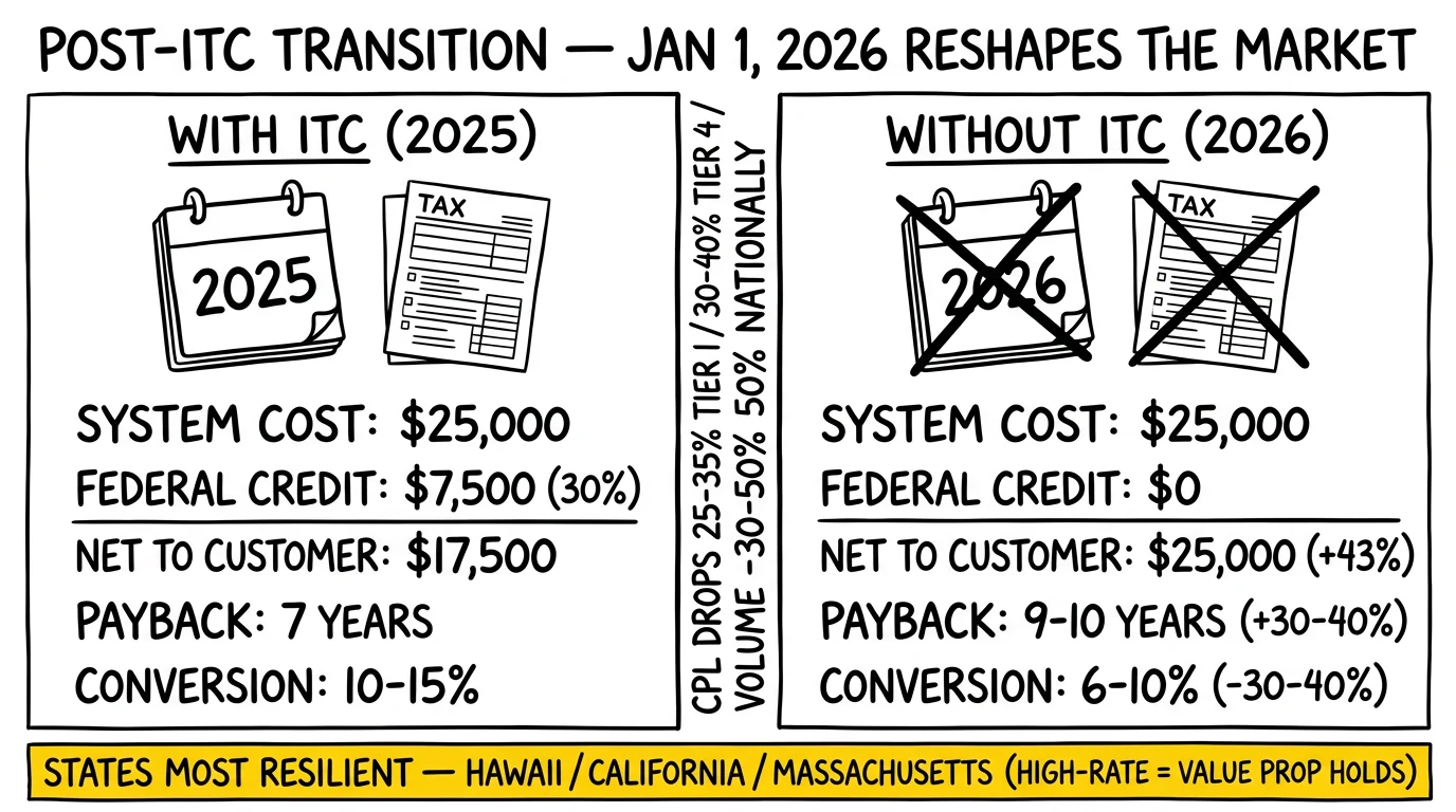 Two-panel pre/post-ITC economics comparison: 2025 net cost $17,500 with 7-yr payback vs 2026 $25,000 with 9-10 yr payback. Resilient high-rate states banner highlighted as the post-2025 concentration zone.