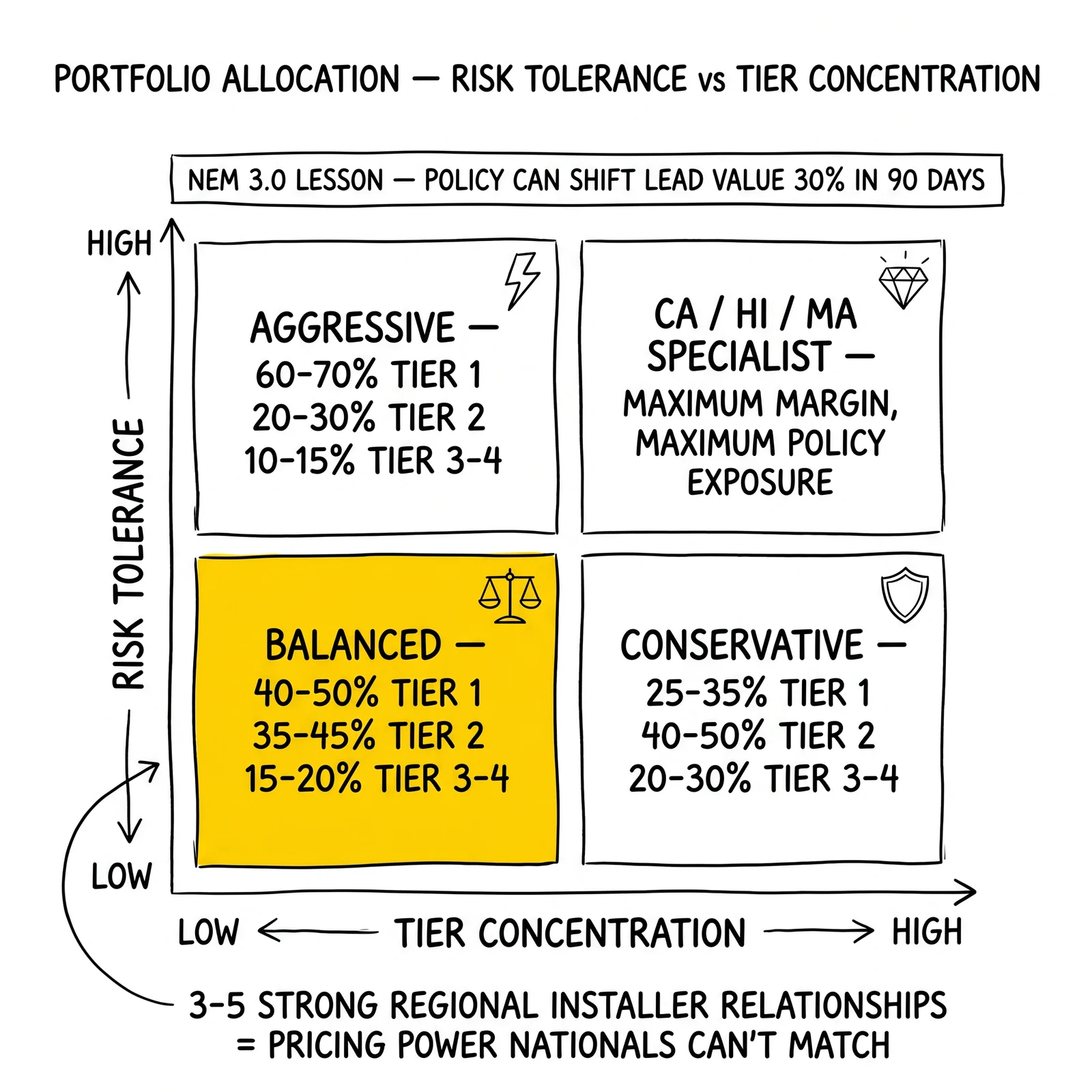 Two-by-two solar portfolio matrix by risk tolerance and tier concentration: aggressive, specialist, balanced, conservative. Balanced 40-50% Tier 1 plus 35-45% Tier 2 quadrant highlighted as the convergence configuration.