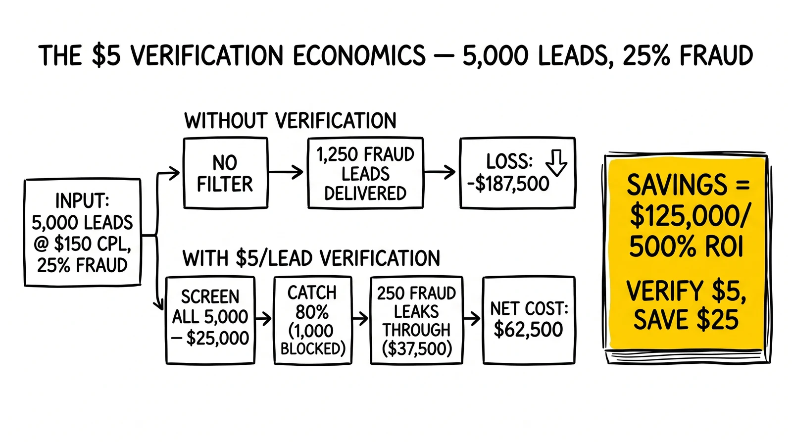 Two-path fraud economics flow at 5,000 leads and 25% fraud: no-verification loss of $187,500 vs $5-verification net cost of $62,500. Savings highlighted.