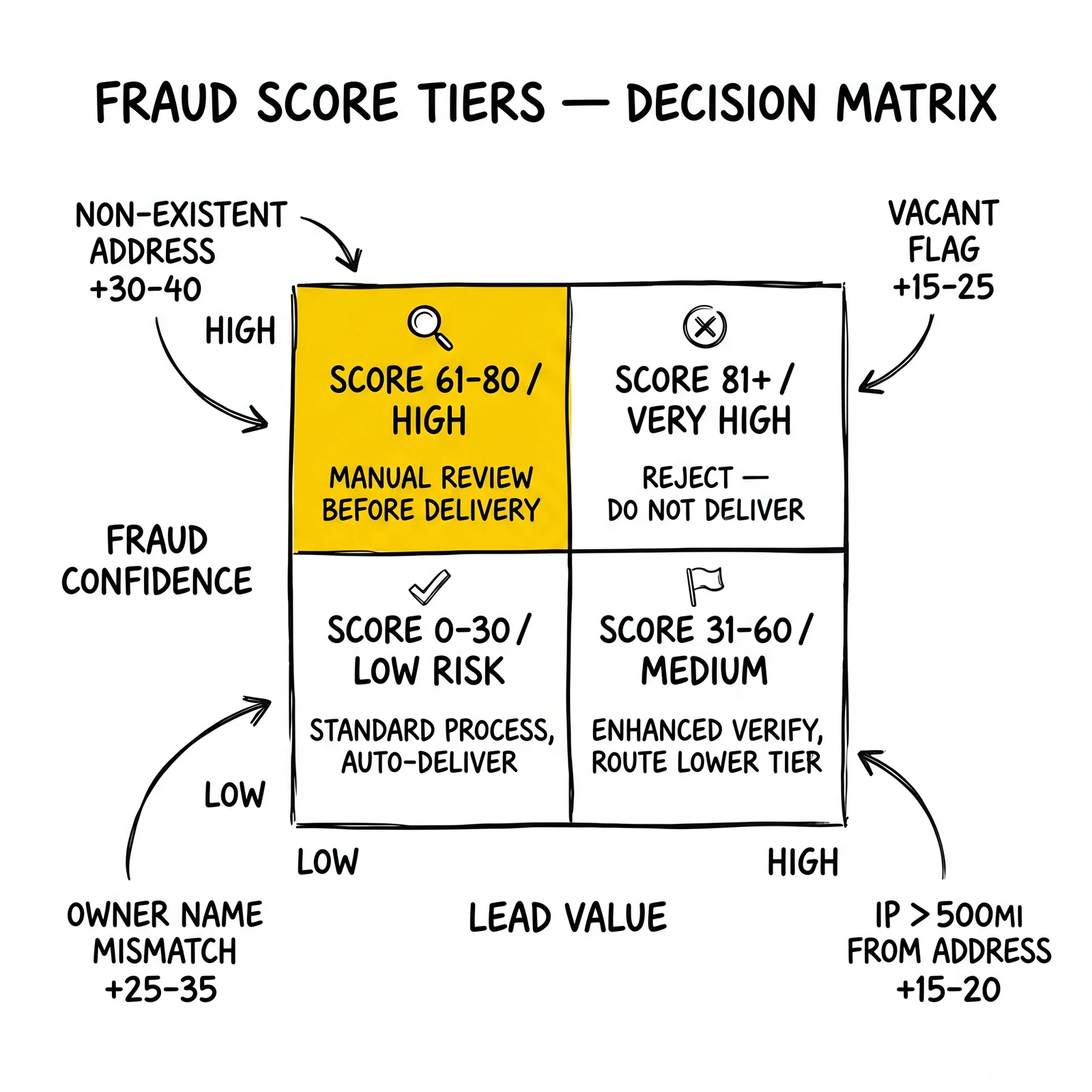 Composite fraud-score decision matrix across four tiers: auto-deliver, enhanced verify, manual review, reject. Manual-review band highlighted as the action zone.