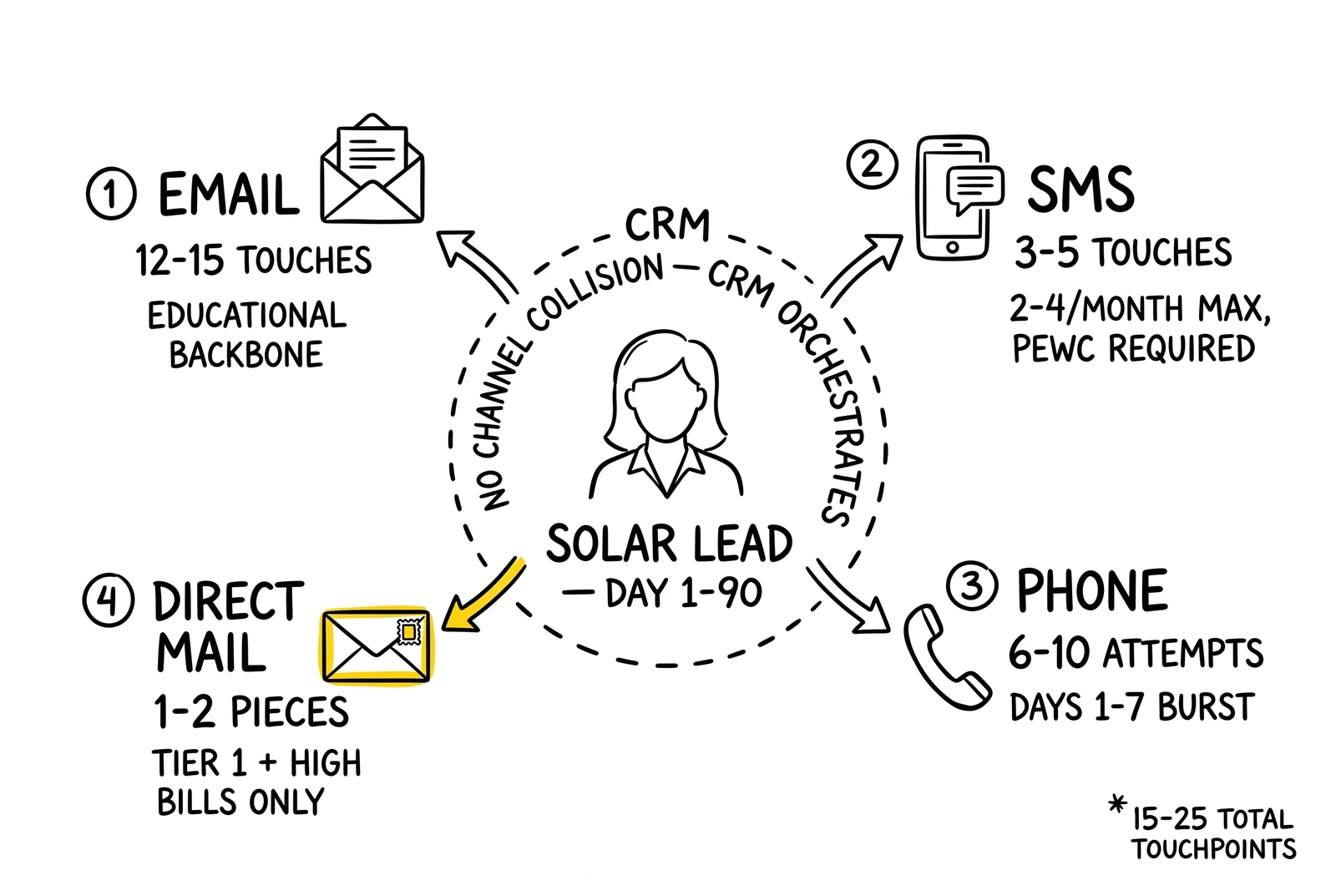 Hub-and-spoke nurturing diagram showing email, SMS, phone, and direct mail orchestrated around a single solar lead across the 90-day journey.