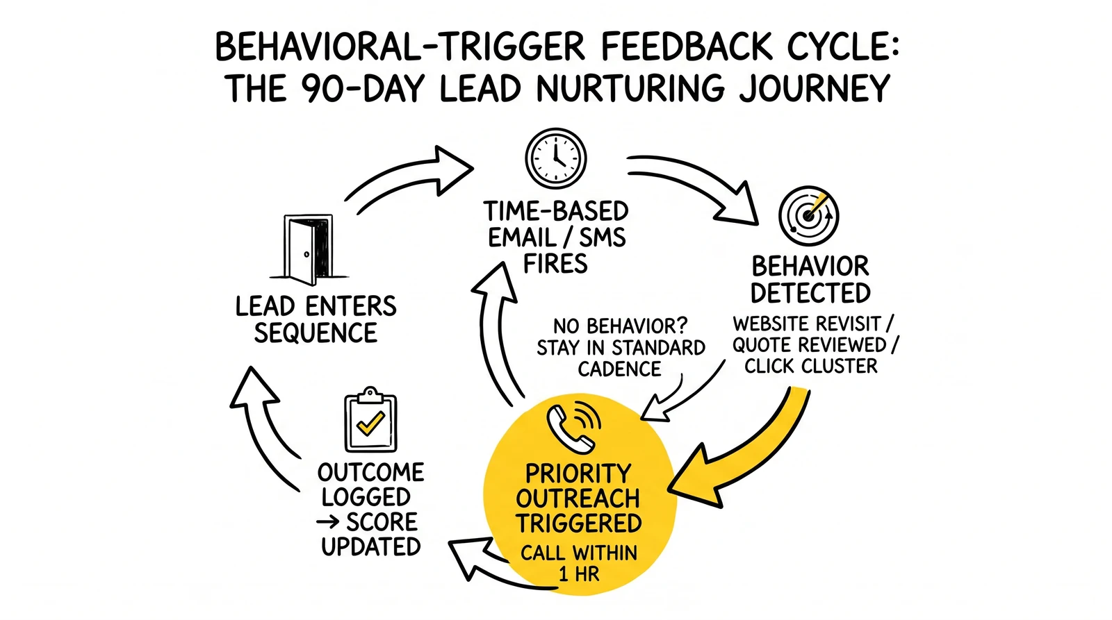 Behavioral-trigger feedback cycle for solar nurturing: lead enters, time-based touch fires, behavior detected, priority outreach triggered, outcome logged.