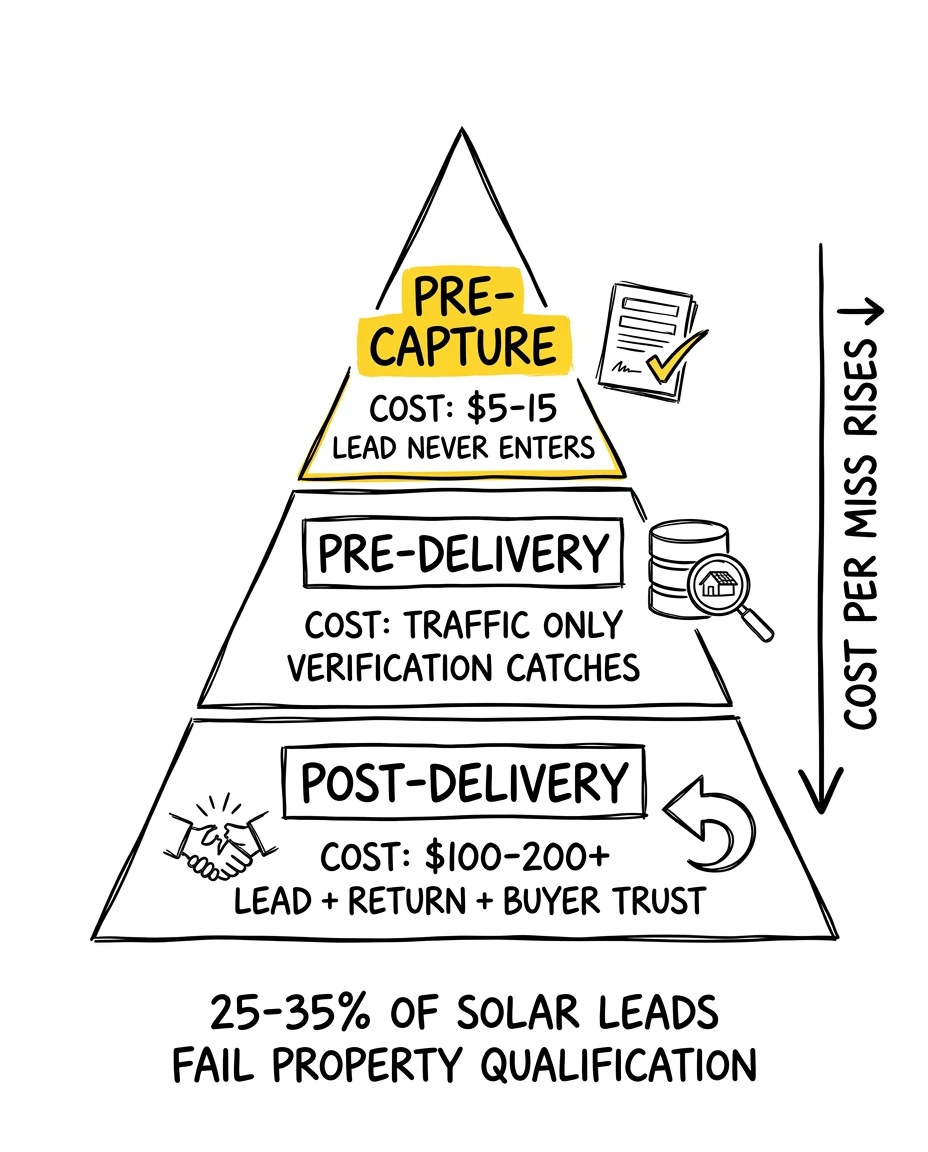 Three-tier qualification cost pyramid showing pre-capture, pre-delivery, and post-delivery disqualification costs, with pre-capture as the highest-leverage layer.