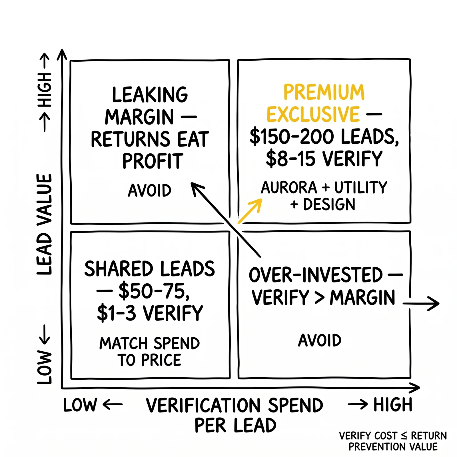 Two-by-two matrix of verification spend versus lead value, with premium exclusive leads as the only quadrant supporting full-stack verification.