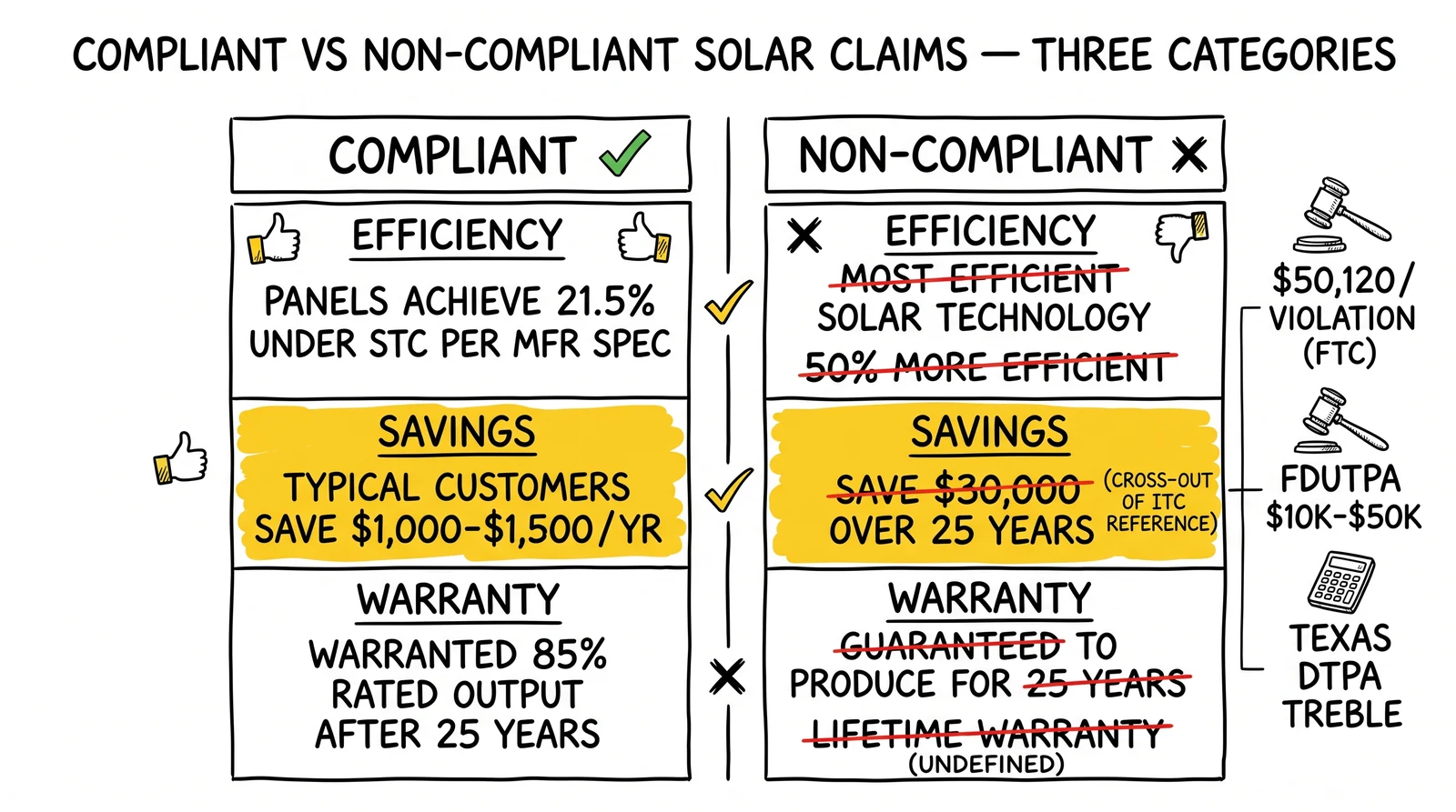 Side-by-side compliant versus non-compliant solar claim examples across efficiency, savings, and warranty. Savings row highlighted as the highest-risk category.