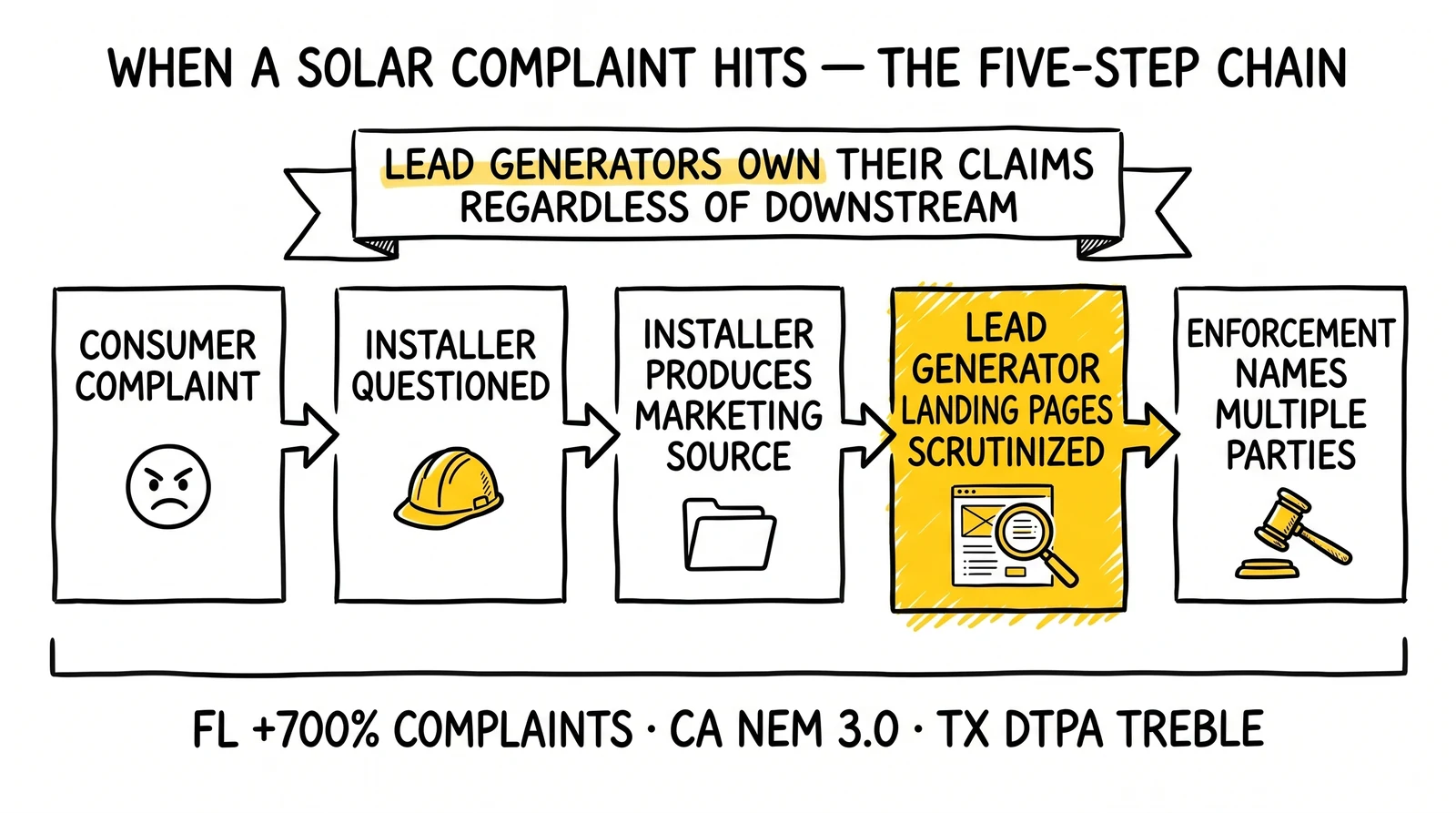 Five-step solar complaint liability chain from consumer to enforcement. Lead generator landing page highlighted as the inevitable scrutiny point.
