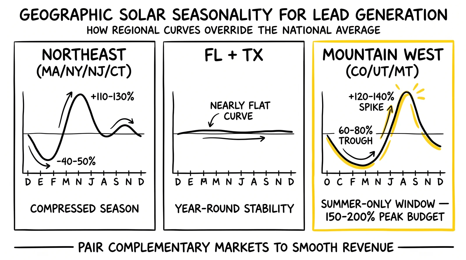 Three-panel regional seasonality comparison: Northeast compressed season, Florida-Texas year-round stability, Mountain West summer-only extreme window.