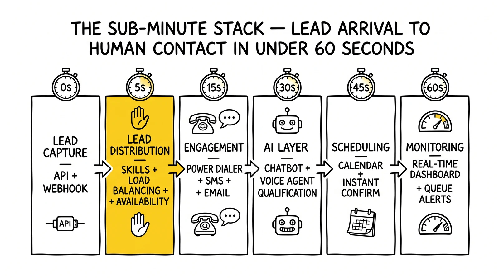 Six-layer sub-minute response stack from API capture through monitoring with elapsed-time badges. The intelligent routing layer is highlighted as the common bottleneck.