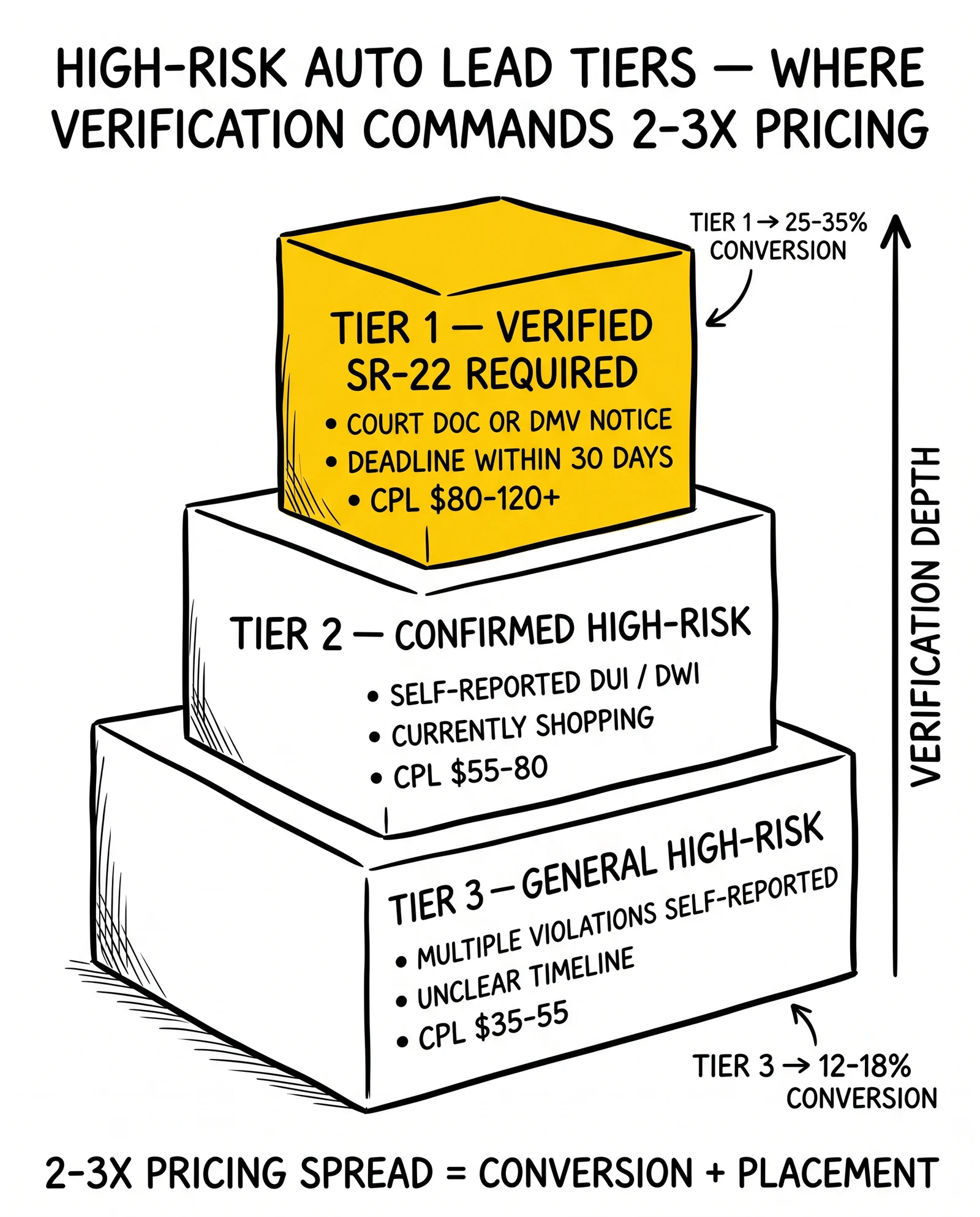 Three-tier pyramid of high-risk auto lead quality: verified SR-22, confirmed high-risk, general high-risk, with verified tier accented as the pricing premium driver.