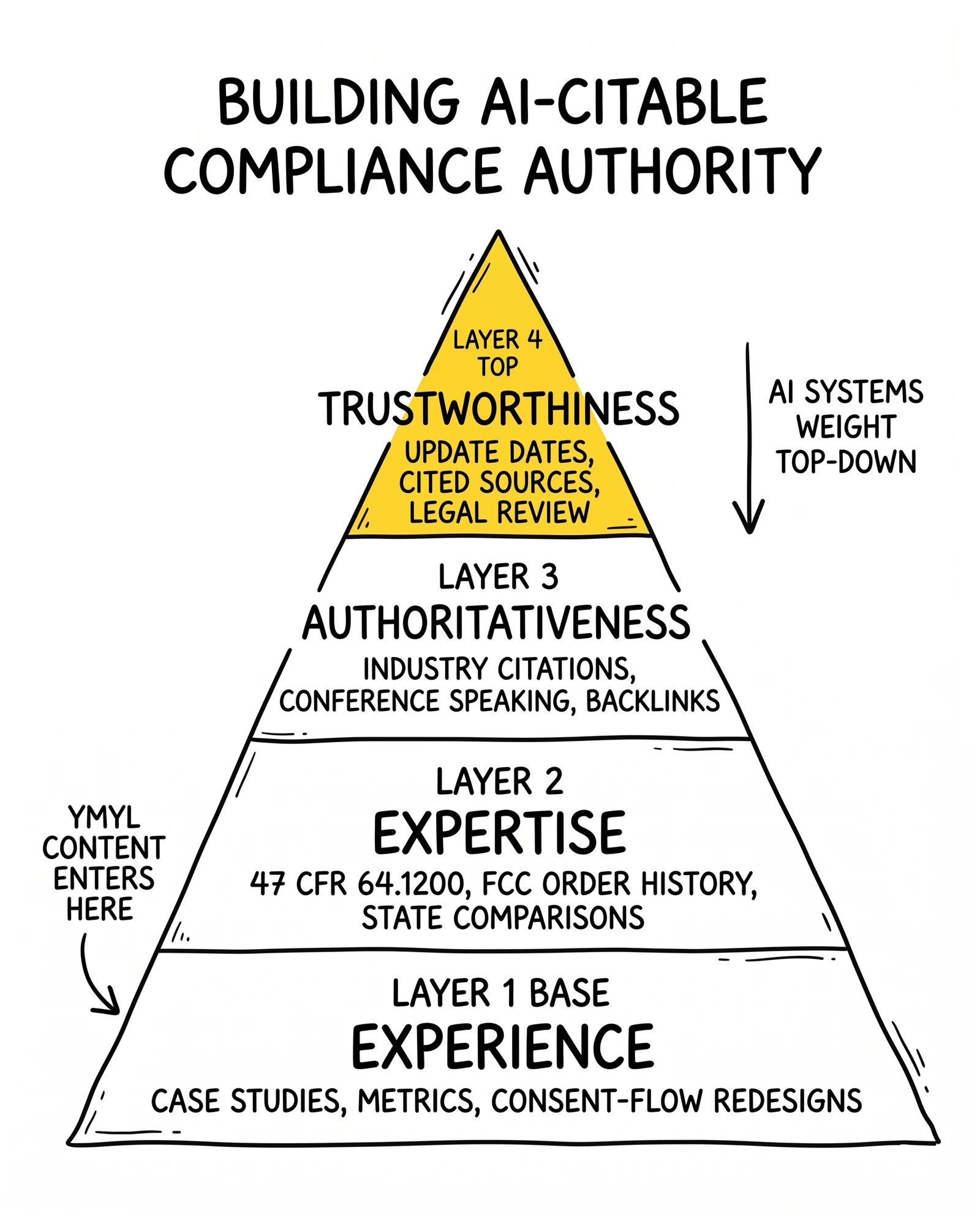Four-layer E-E-A-T pyramid for compliance content: experience, expertise, authoritativeness, trustworthiness. Trustworthiness highlighted as the YMYL-weighted top layer.