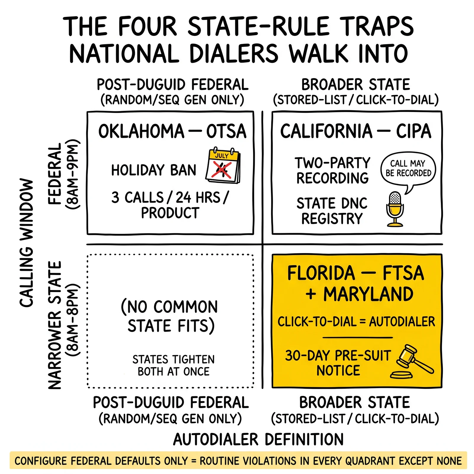 State-rule trap matrix on calling window versus autodialer definition axes: Oklahoma, California, and the highlighted Florida-Maryland quadrant where federal-only configs routinely violate.